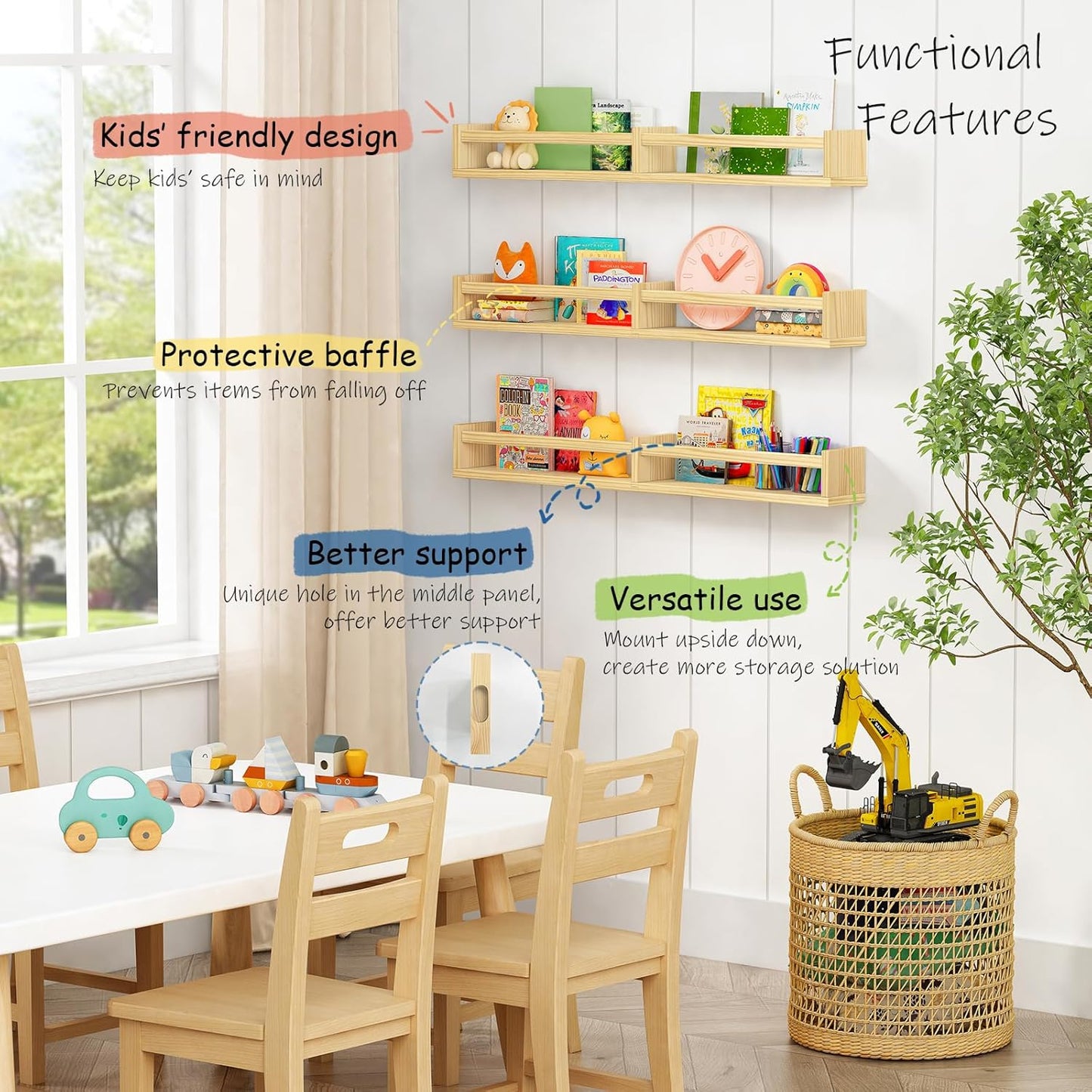 Floating Nursery Book Shelves for Wall, 32 Inch Long Bookshelf for Kids Room, Wooden Large Wall Shelf with Hanging Rod for Baby Toddler Child Bedroom (3-Pack, Natural Wood)