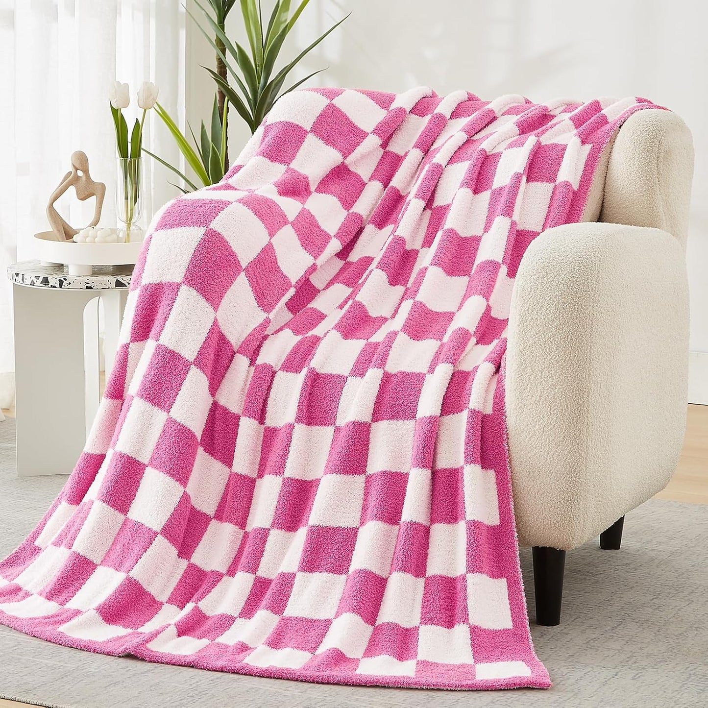WRENSONGE Checkered Throw Blanket, Hot Pink Soft Cozy Fluffy Warm Hand Made Throw Blankets for Couch, Sofa, Chair, Bed, Camping, Picnic, Travel Lightweight Bed Blanket - 60"*80"