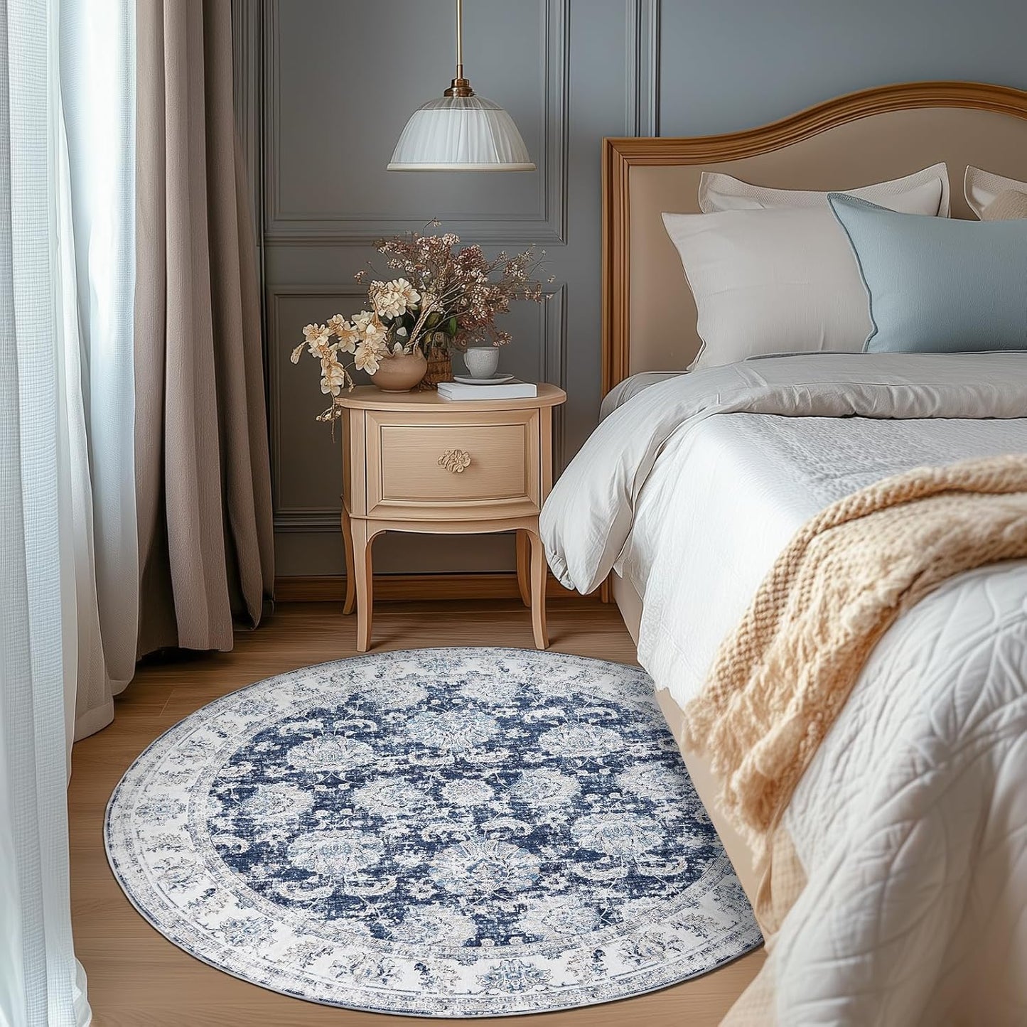 jinchan Round Rug 6ft Area Rugs Vintage Floral Distressed Design - Machine Washable Non-Slip Low-Pile Ultra-Thin Circle Rug for Entryway Bedside Living Room Dining Room Bedroom (6' Round,Dark Blue)
