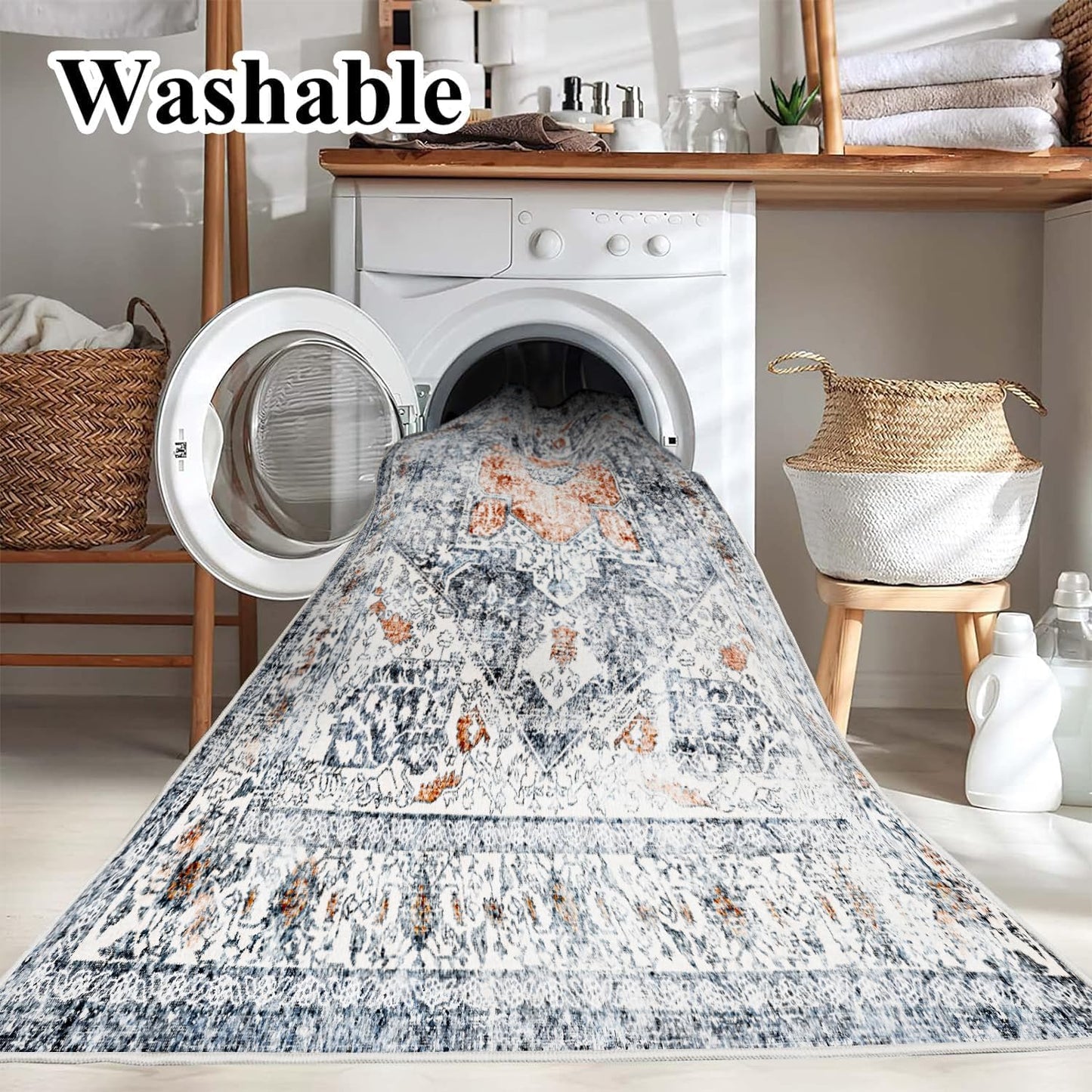 Area Rug 4x6 Washable Vintage Cover Foldable Thin Retro Accent Indoor Distressed Non Slip Carpet Floral Print Mat Bedroom Living Room Bathroom
