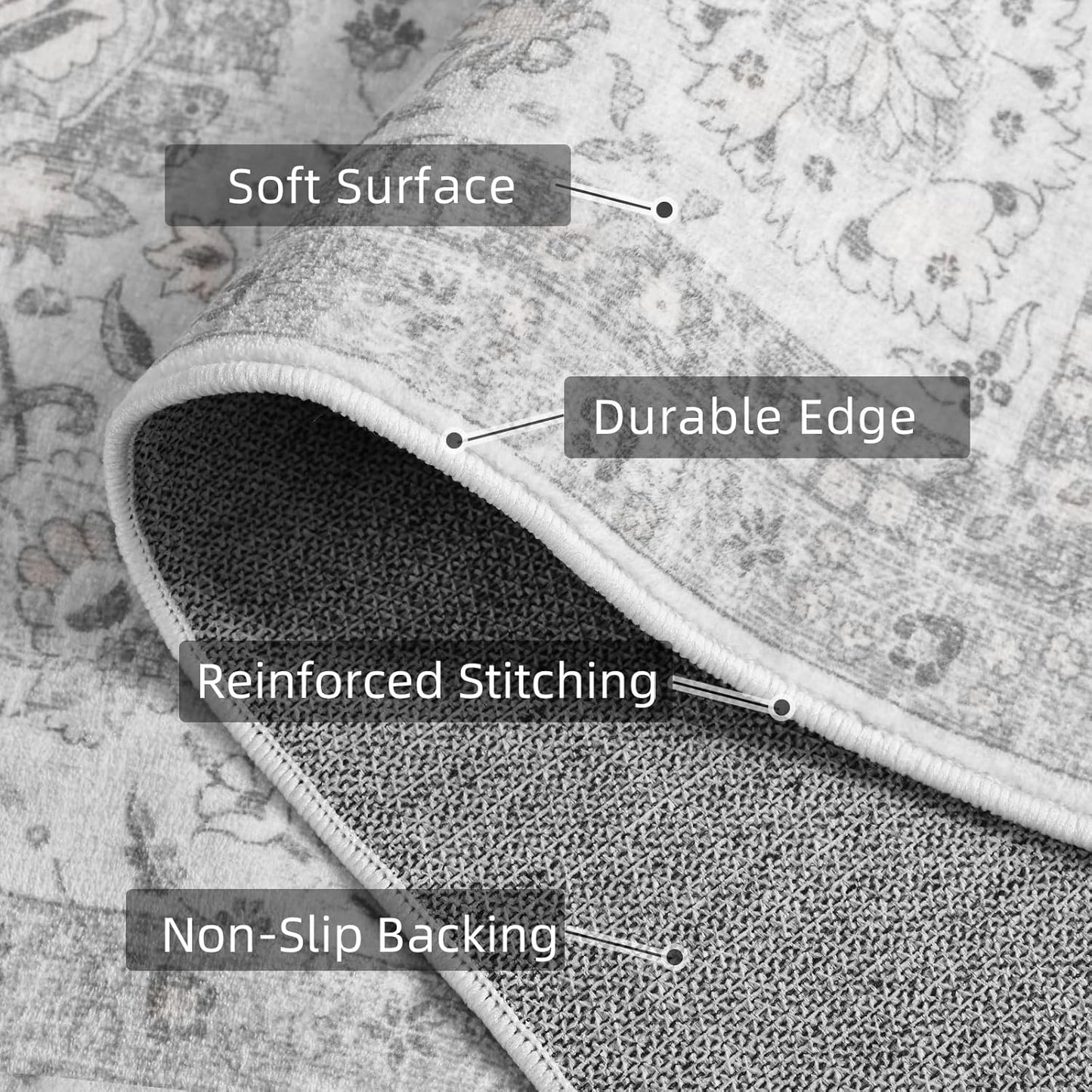 Neutral Area Rugs 8x10 for Living Room Vintage Rug Boho Floral Modern Washable Area Rug with Non-Slip Backing Large Carpet for Bedroom Dining Room Light Grey