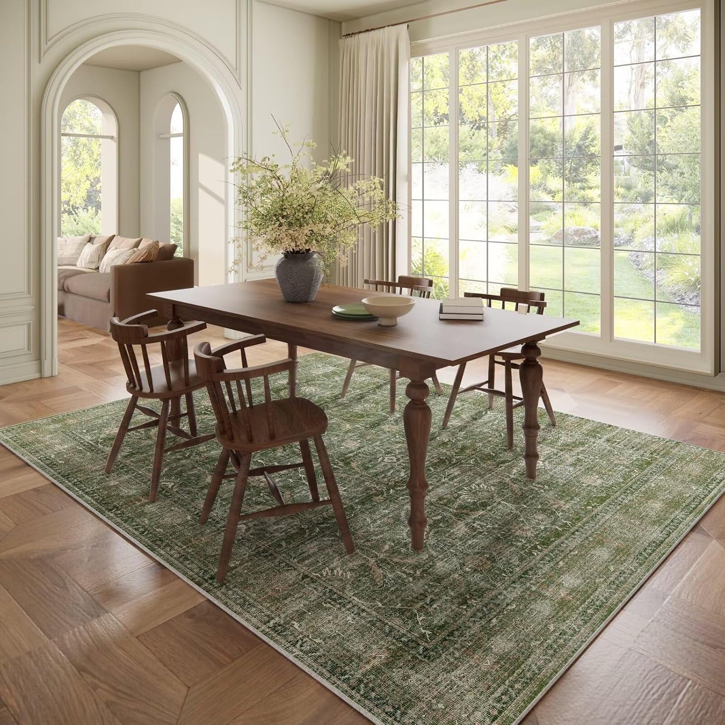 Washable 6x9 Area Rugs for Living Room, BoHo Non-slip Silicone Backing Large Rug for Bedroom Dining Room Nursery Office, 0.3" Neutral Oriental Throw Carpet with 0.16" Cushioning Pad, Grass Green/Multi