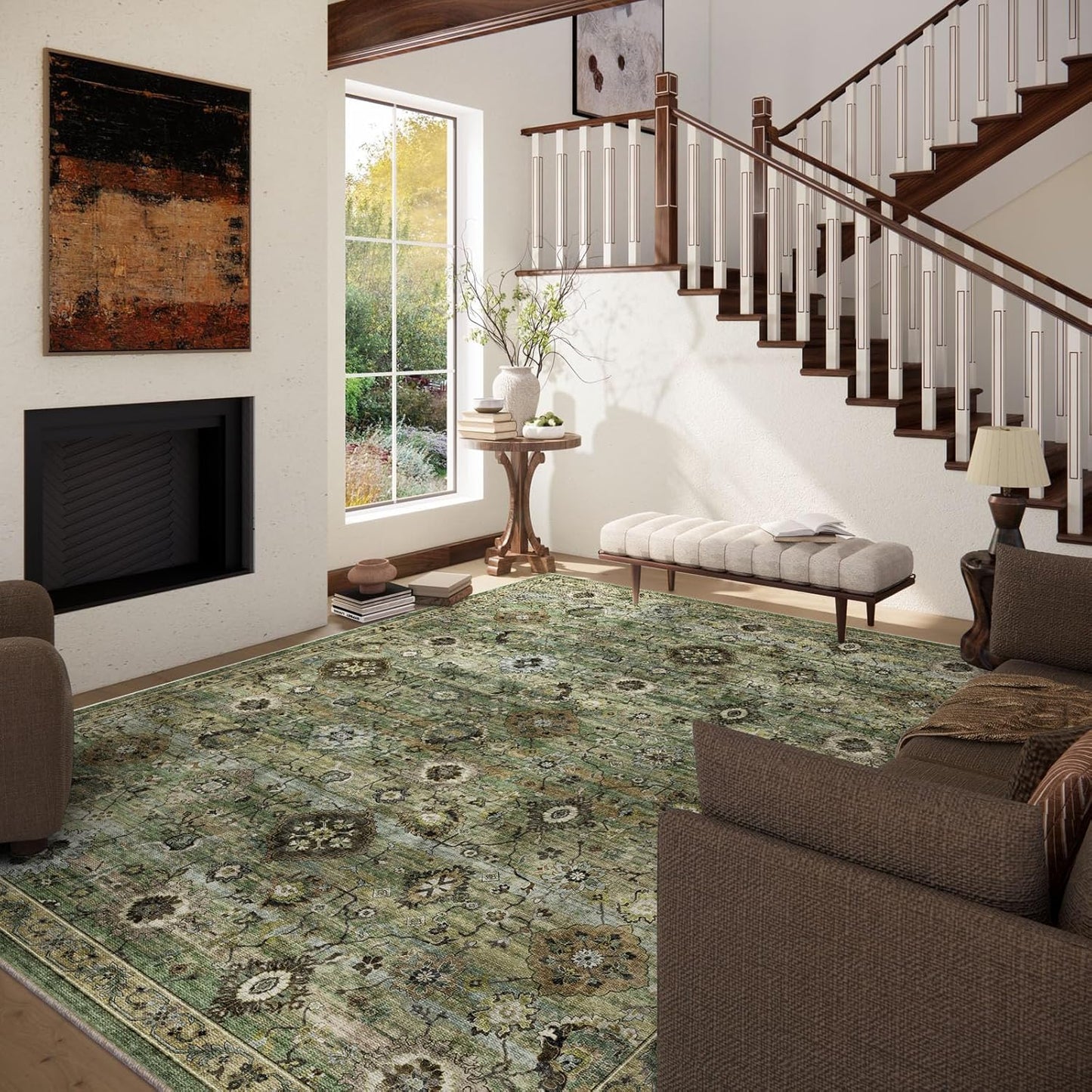 Washable Area Rugs for Living Room: 8x10 Rug Boho Vintage Rugs Stain Resistant Non Slip Low Pile Lightweight Soft Carpets for Bedroom Kitchen Dining Room Nursery Kids Room Farmhouse Home Office