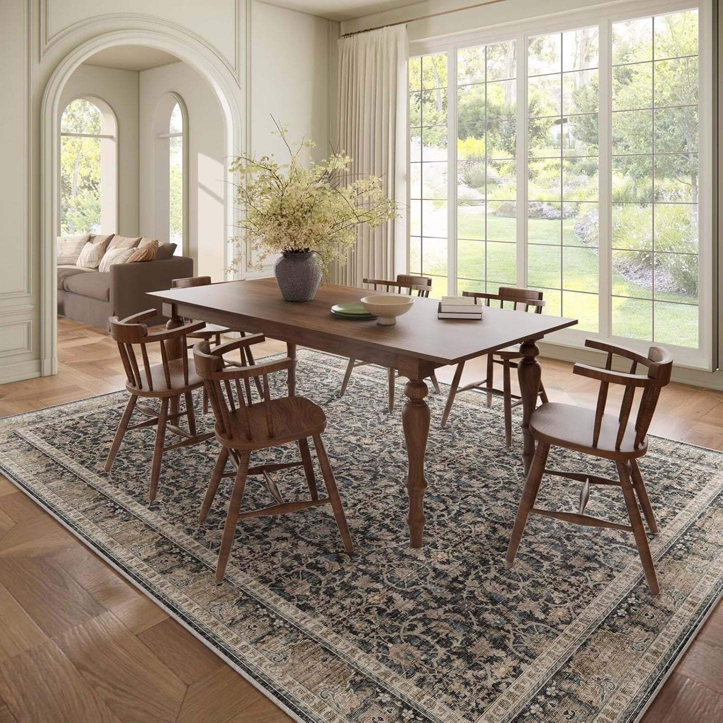 Washable 8x10 Area Rugs for Living Room, Boho Non-Slip Silicone Backing Rugs for Bedroom Dining Room Nursery Office, 0.3" Neutral Oriental Throw Carpet with 0.16" Cushioning Pad, Black/Multi