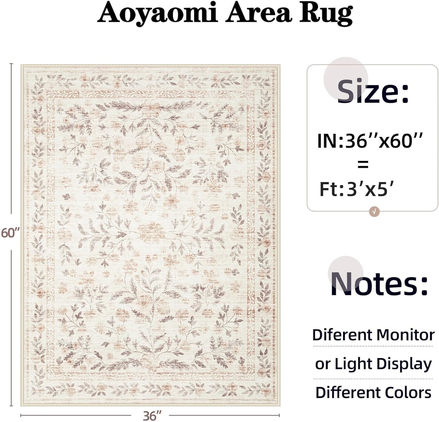 Bedroom Rugs 3x5 Area Rug, Washable Floral Boho Area Rug Non Slip Soft Low Pile Small Carpet for Bedroom Girls, Bedside, Kitchen, Entryway, Kids Room, Office, College Dorm(3'x5', Floral Beige)