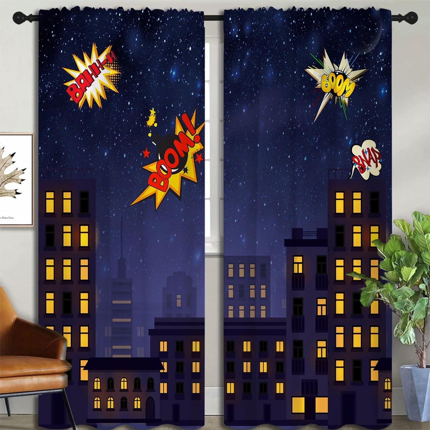 Super Hero Rod Pocket Blackout Curtains for Boy Girl Bedroom, Exploding City Starry Cartoon Skyline Home Energy Efficient Light Filtering Window Curtain for Living Room, 84x63 inch