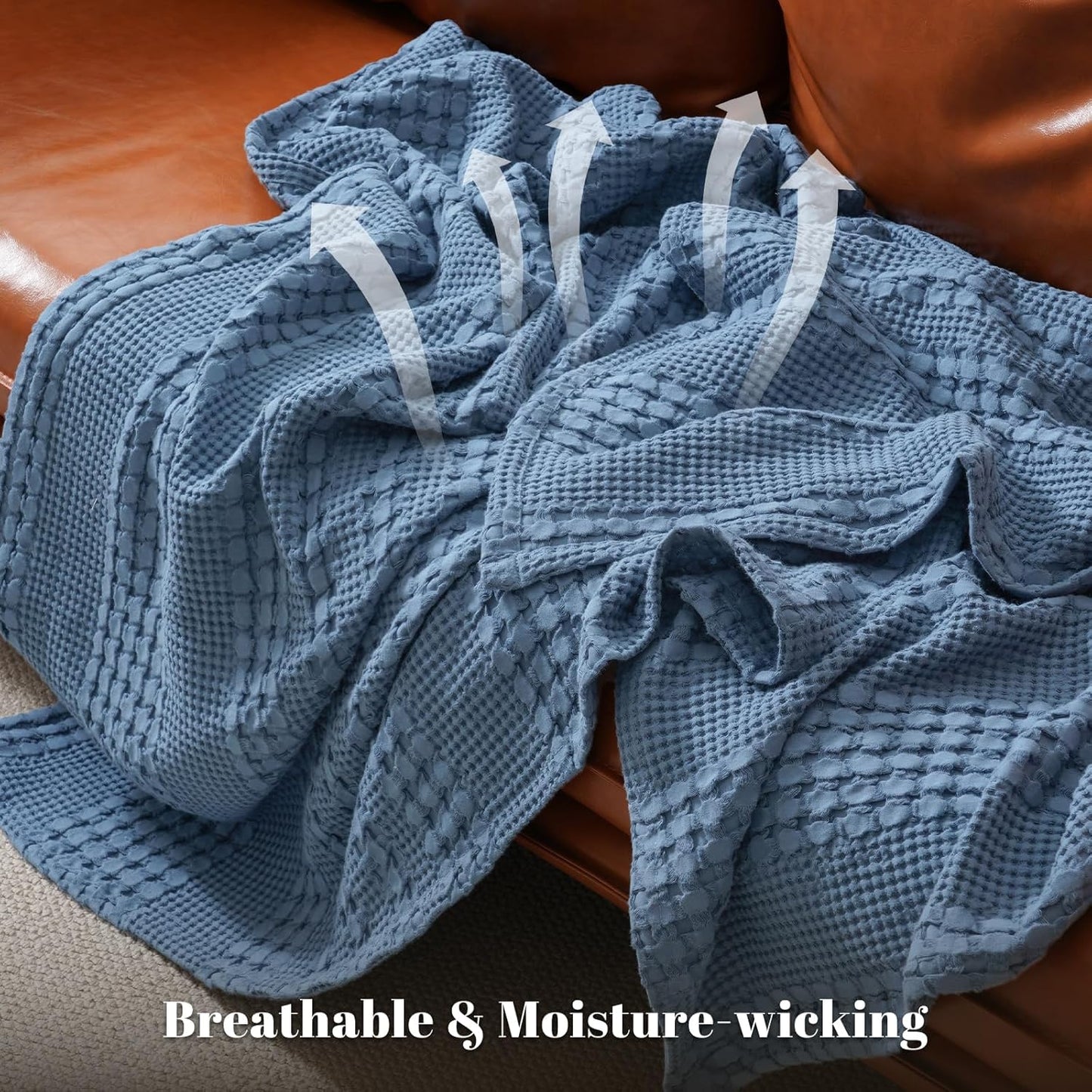 PHF 100% Cotton Waffle Weave Blanket King Size, Soft Lightweight Breathable Cozy Summer Blankets for Bed, Luxury Aesthetic Woven Bedding for Home Decor, 108"x90", Captain's Blue