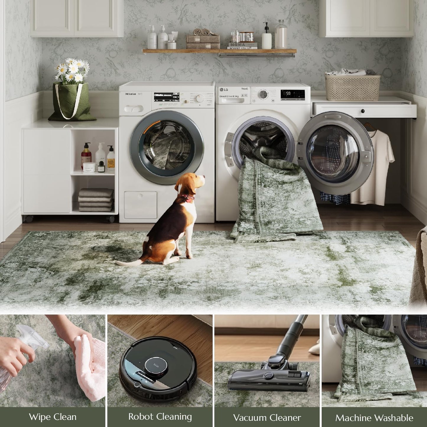 jinchan Hallway Runner Rug 2x10 Vintage Floral Distressed Design - Machine Washable Non-Slip Low-Pile Soft Thin Faux Wool Kitchen Carpet for Farmhouse Bedroom Laundry Room (2x10ft, Forest Green)