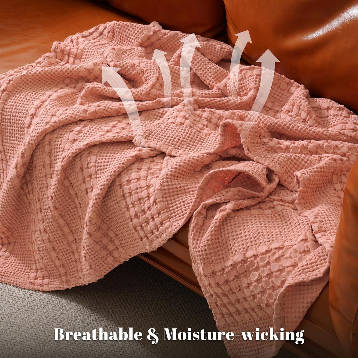 PHF 100% Cotton Waffle Weave Throw Blanket, Soft Lightweight Breathable Cozy Summer Throws for Couch Bed Sofa, Luxury Aesthetic Woven Blanket for Home Decor & Office, 50"x60", Canyon Clay