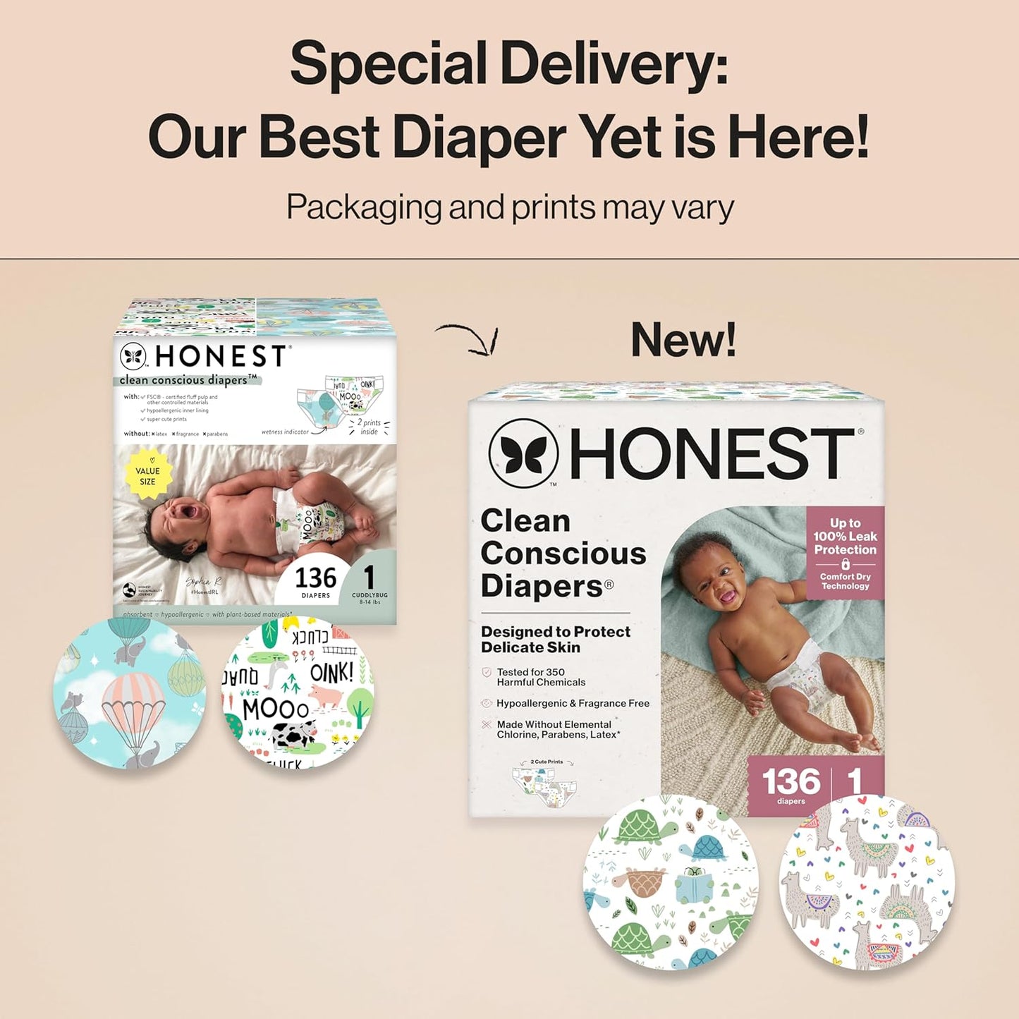 The Honest Company Clean Conscious Diapers for Delicate Skin | Up to 100% Leakproof | Hypoallergenic, Fragrance Free | Gender Neutral | Super Club Box, Size 1 (8-14 lbs), 136 Count (Prints May Vary)