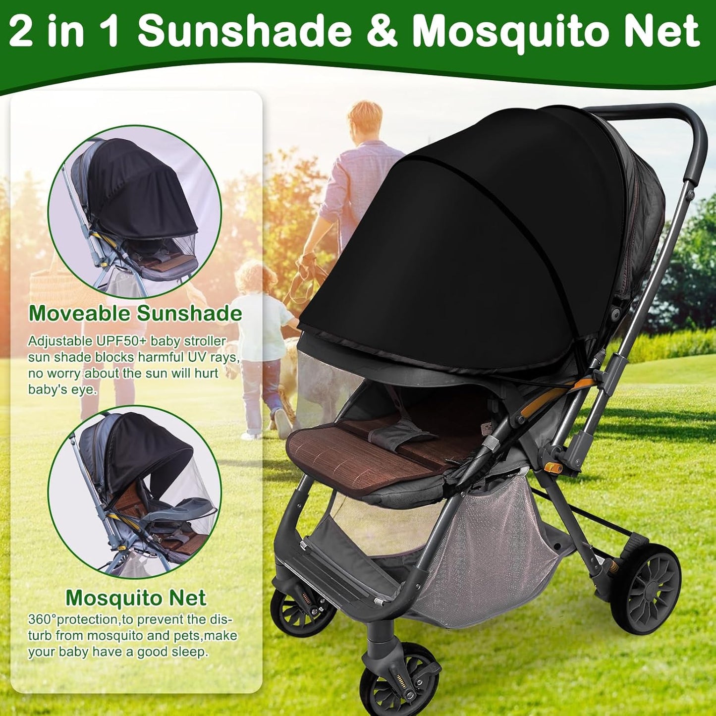 Baby Mosquito Net for Stroller Sun Shade, 2-in-1 Stroller Cover for Sun Protection with Two-Way Zipper and Storage Bag, Breathable Strollers Bug Net Suitable for Bassinet, Cradle, Car Seat – Black