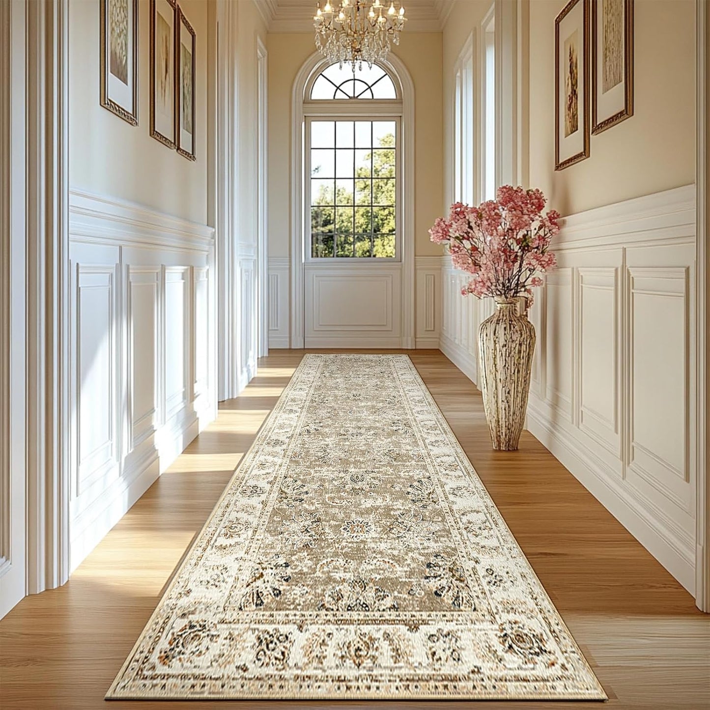 jinchan Long Hallway Runner Rug 2x12 Machine Washable Runner Rug Taupe Vintage Floral Design Non-Slip Ultra-Thin for Kitchen Laundry Room Bedroom Farmhouse (2‘x12',Taupe)