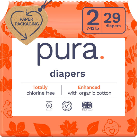 Pura Hypoallergenic Diapers, Size 2 (7-13 lbs) Totally Chlorine Free, Wetness Indicator, Suitable for Sensitive Skin, Soft Organic Cotton Comfort, Overnight, 1 Pack of 29 Baby Diapers