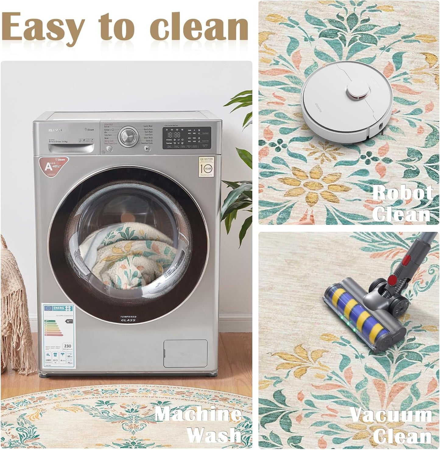 jinchan Round Rug 6ft Area Rugs Vintage Floral Distressed Design,Machine Washable Soft Non-Slip Low-Pile Ultra-Thin Circle Rug for Bedside Living Room Dining Room Bedroom (6' Round, Apricot Multi)