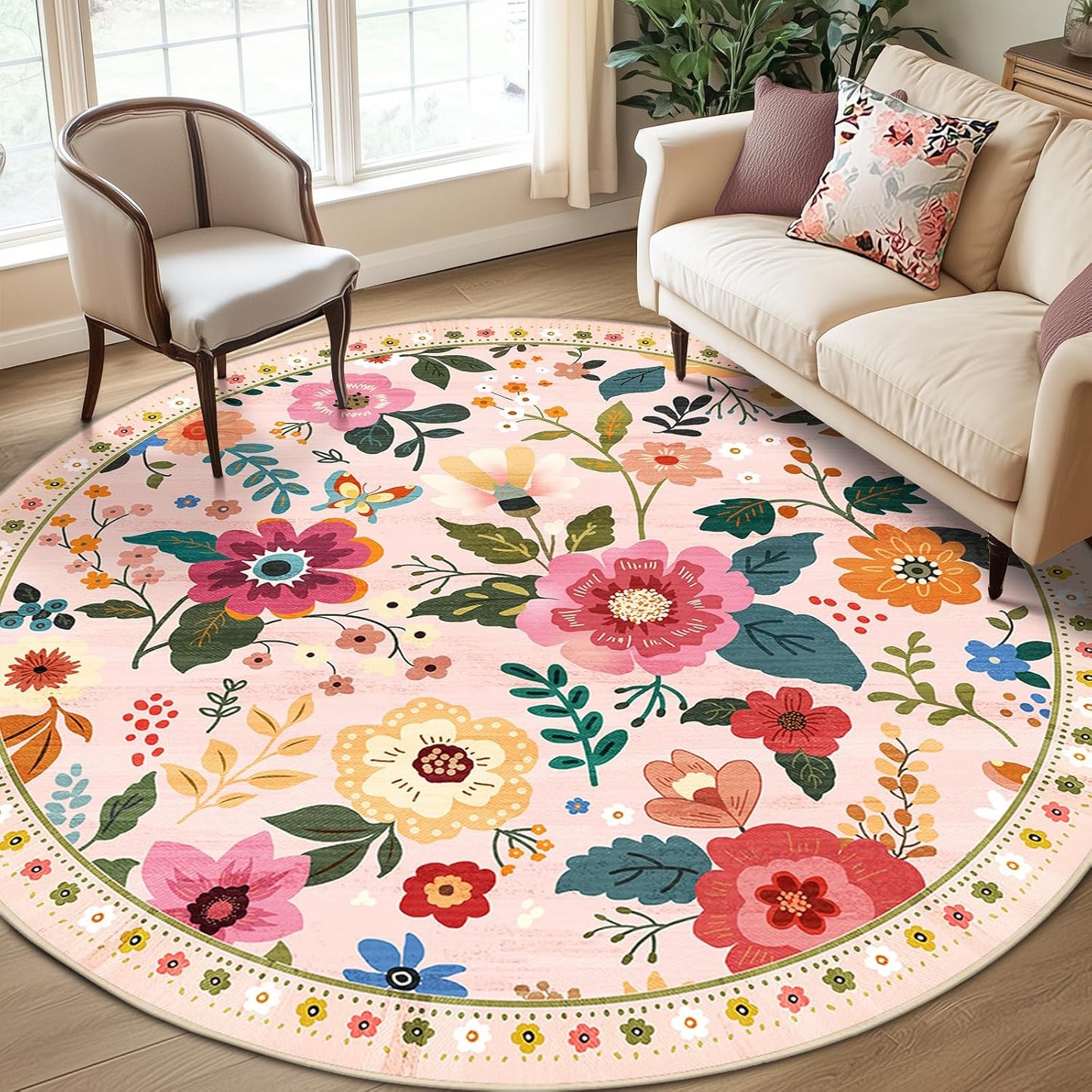 Floral 8ft Area Rug Machine Washable Soft Print Boho Carpet Non Slip Doormat Low Pile Flower Area Rugs for Living Room Bedroom Nursery Kitchen Dining Room Indoor-Pink
