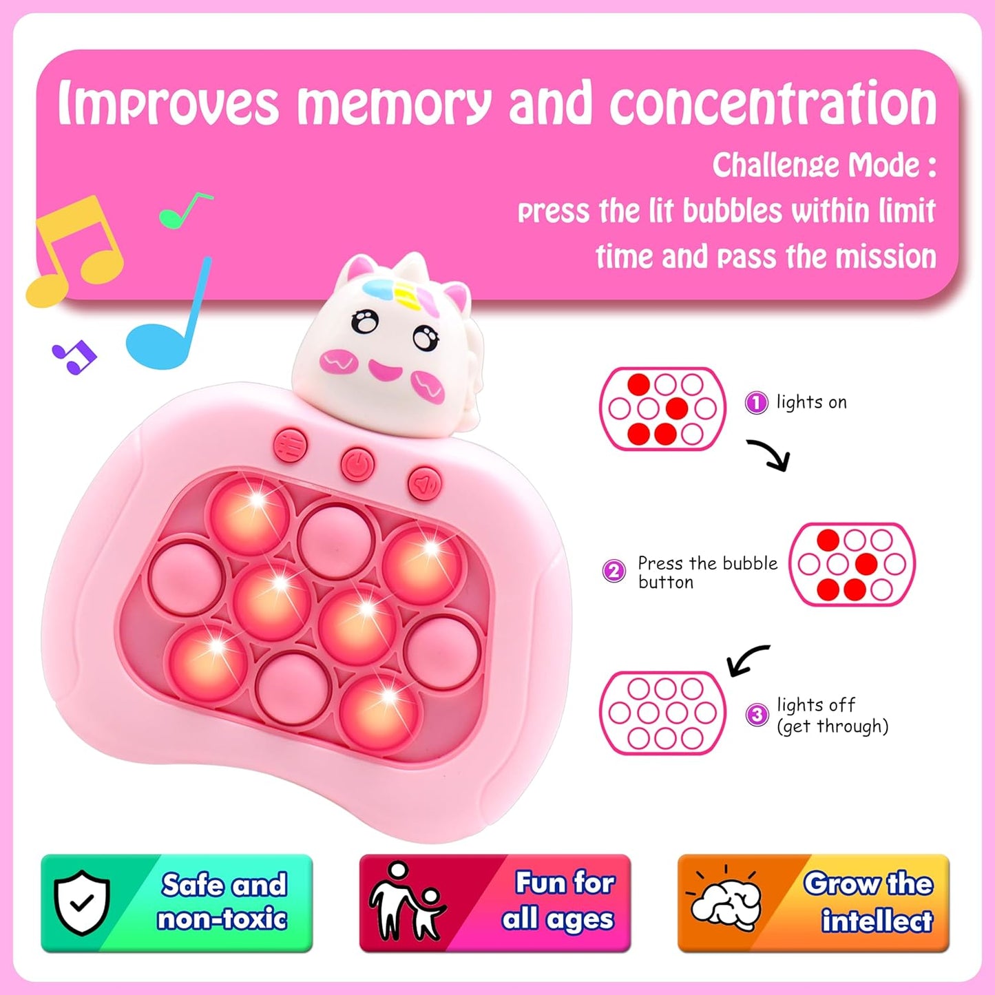 Quick Push Bubble Game,Popping Game Light up Pop Fidget Toy for Kids,Fast Push Console Game for Ages 3-12 for Boys and Girls,Handheld Puzzle Game Sensory Toys (Unicorn)