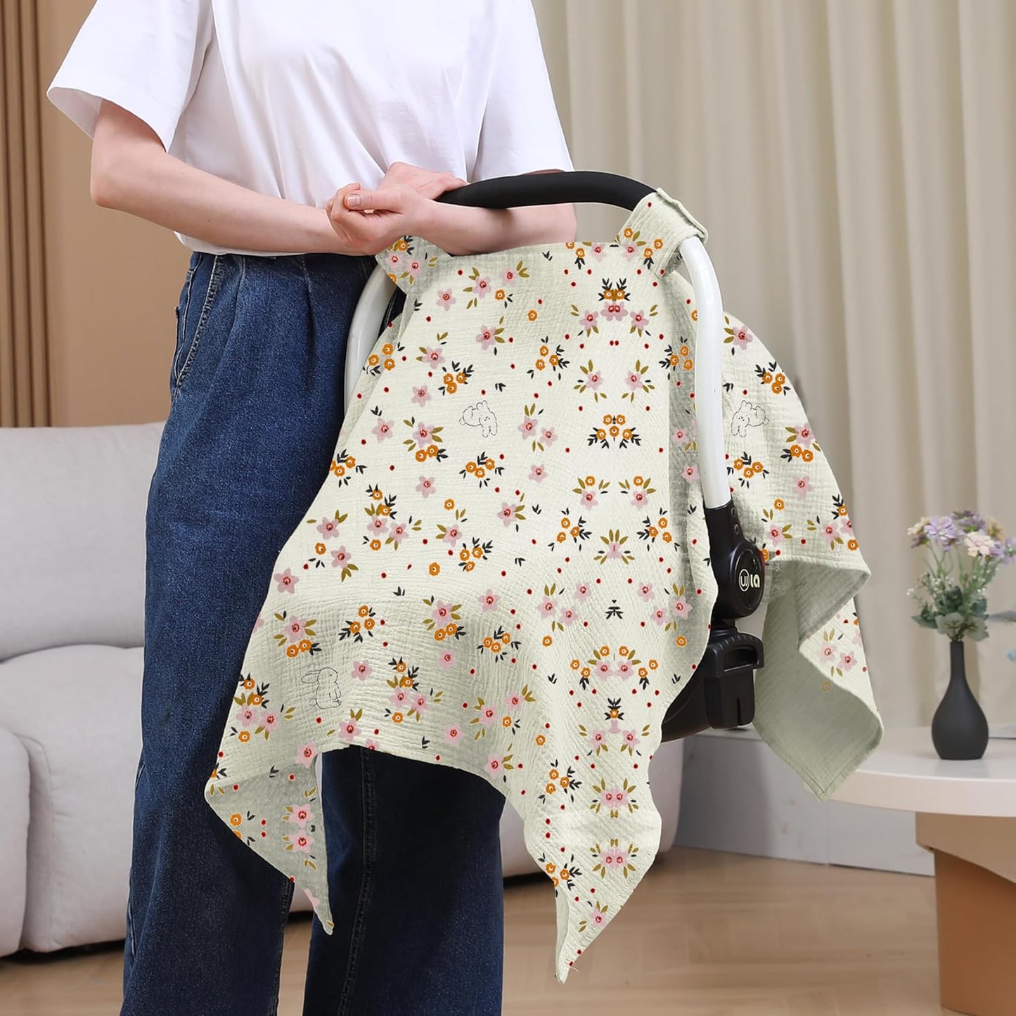 100% Muslin Cotton Car Seat Cover Baby, Carseat Canopy Cover, Universal Fit Stroller Covers for Boys and Girls (Beige Floral)