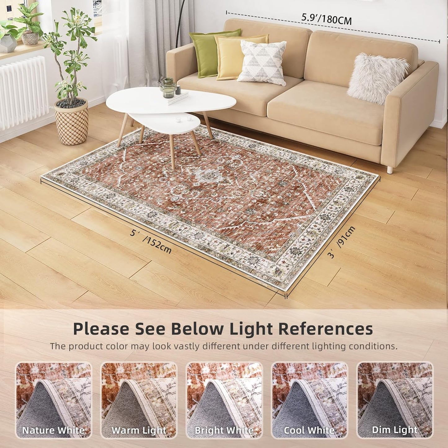 Deerly Rug 3x5 Washable Rug Non-Slip Area Rugs for Bedroom Living Room Kitchen, Printed Low-Pile Ultra-Soft Cute Dorm Rug Room Decor for Teen Girls(Brick Red)(Border Brick Red)