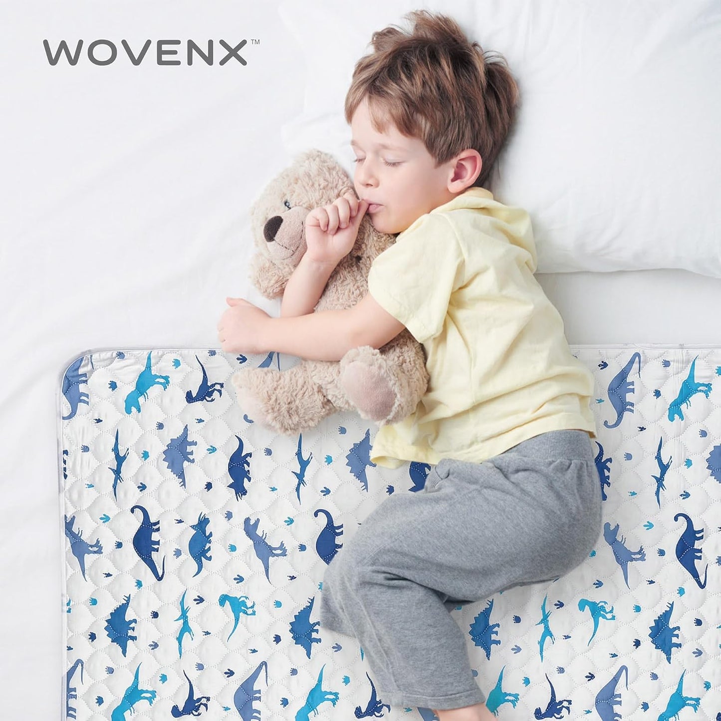 Organic Incontinence Pads for Kids & Toddlers - 5 Layer Waterproof Protectors for Overnight Bed Wetting - Reusable & Washable Pee Pads - Fits Twin to Full Size Beds - 34" x 52" Dinosaur