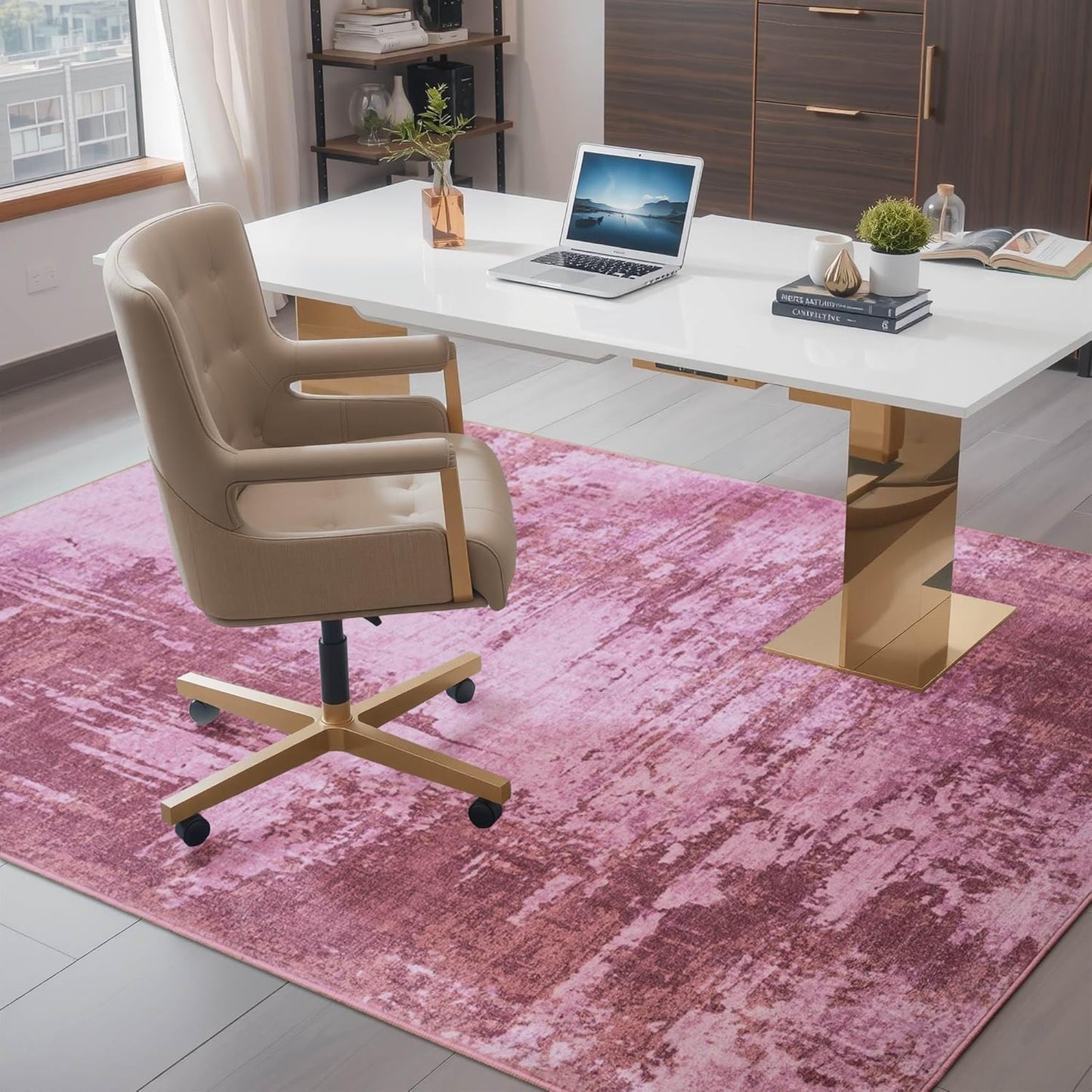 Nursery Rug for Baby Girl, 5x7 Hot Pink Washable Rugs for Living Room Bedroom Non Slip, Stain Resistant Neutral Carpet Low Pile for Classroom, Dining Room, Kids Playroom, Office