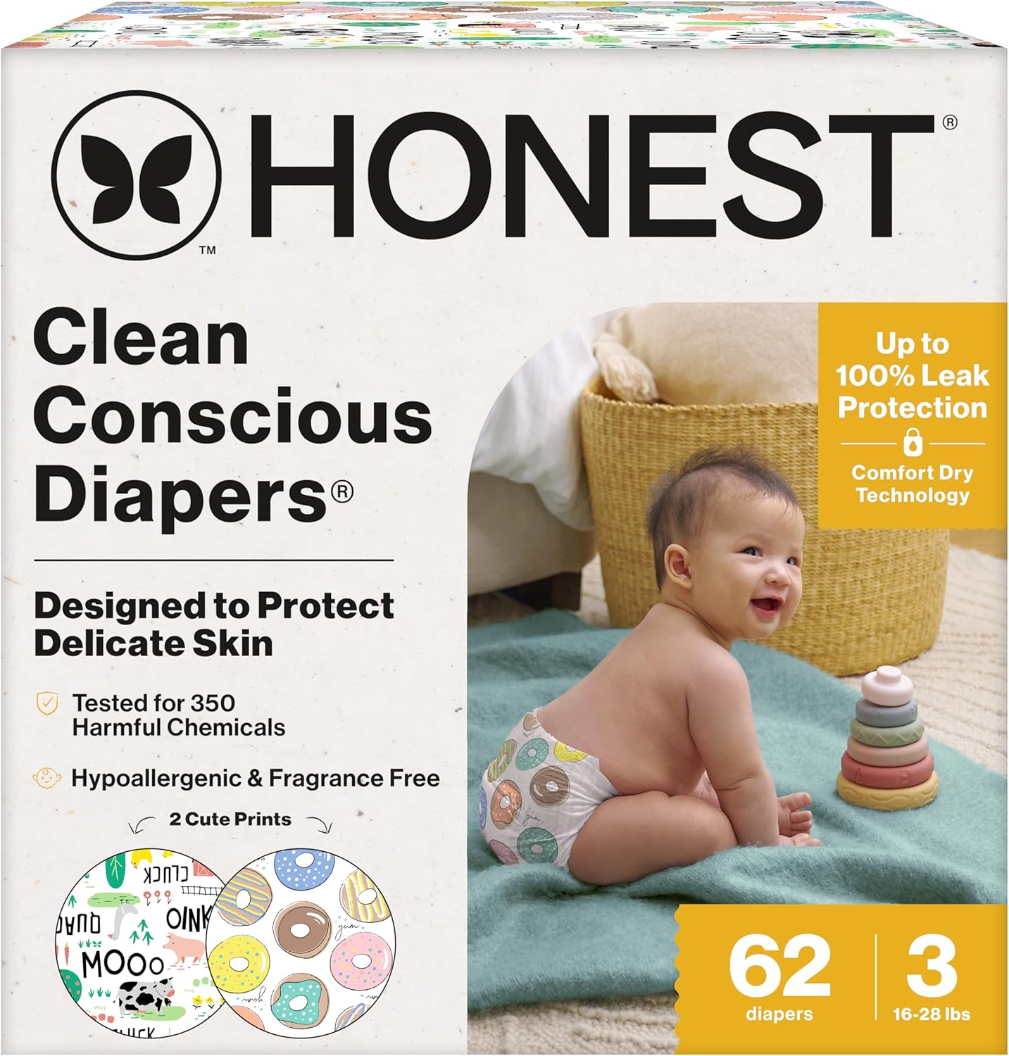The Honest Company Clean Conscious Diapers for Delicate Skin | Up to 100% Leakproof | Hypoallergenic, Fragrance Free | Gender Neutral | Club Box, Size 3 (16-28 lbs), 62 Count (Prints May Vary)