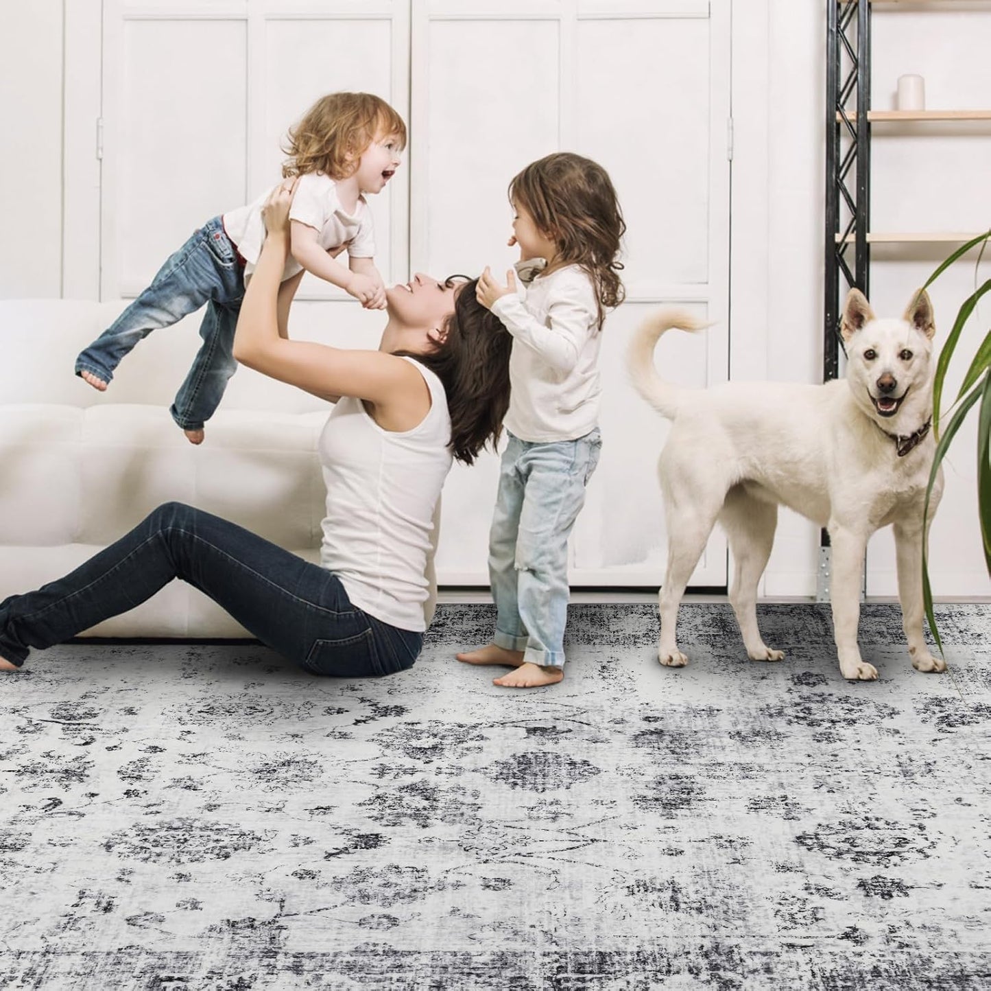 4x6 Washable Area Rug for Living Room, Carpet for Bedroom, Soft Faux Wool Retro Dining Room Rug, Non Slip&Non-Shedding Resistant Low Pile Vintage Print Rug for Home Office (White/Grey)