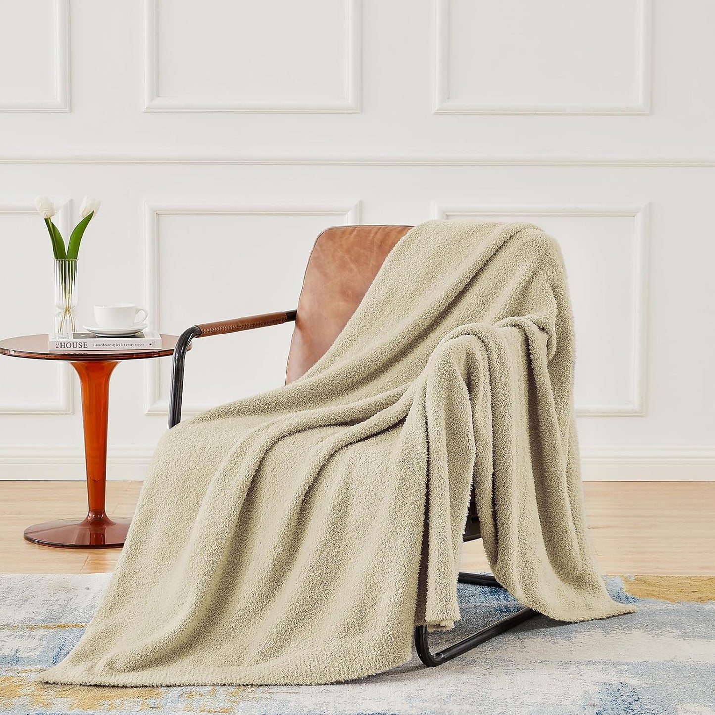 CYMULA Super Soft Twin Size Beige Knit Throw Blanket - Lightweight Plush Fuzzy Fluffy Warm Cozy Blankets and Throws for Sofa Bed All Season Use, 60x80 inches