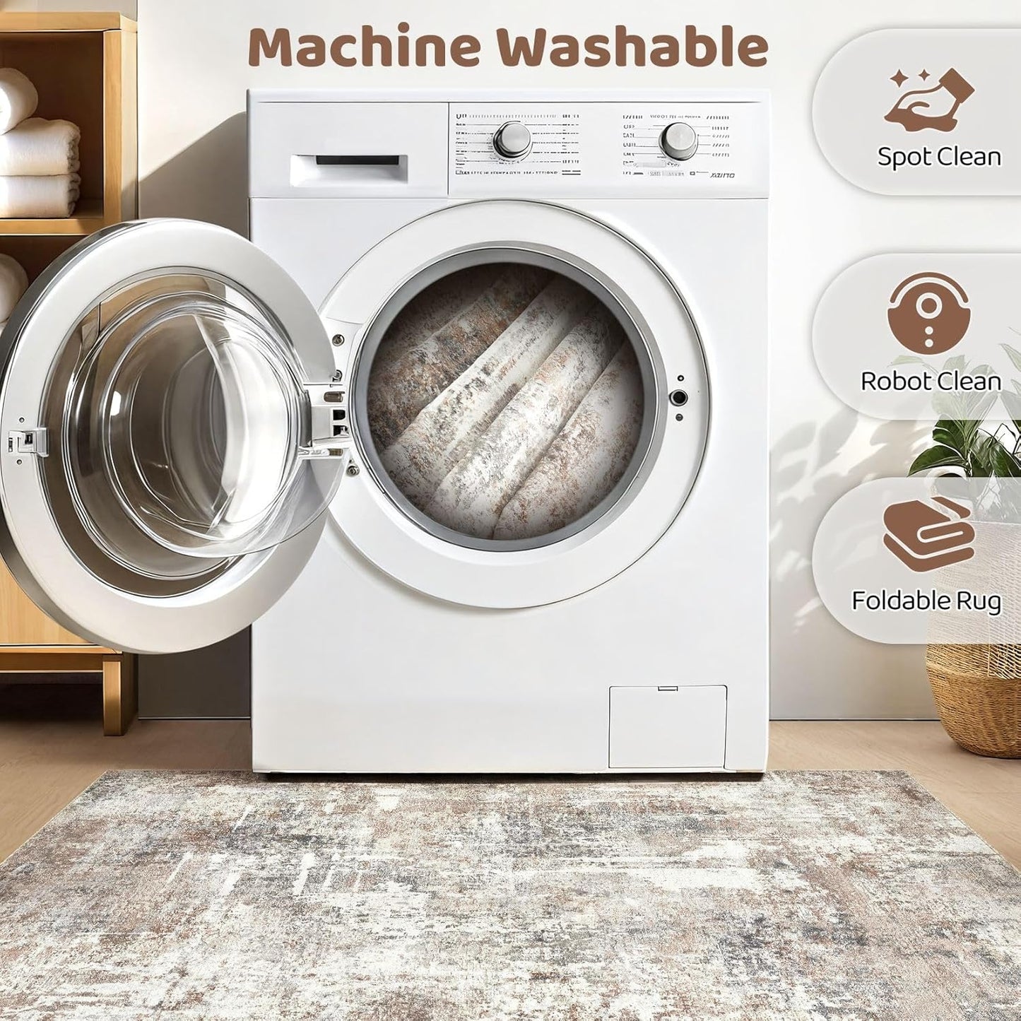 Round Rug Living Room Rugs: 10x10 Washable Circle Large Abstract Modern Soft Stain Resistant Non-Slip Indoor Floor Carpet for Bedroom Nursery Office Dining Room Playroom Home House Decor- Brown