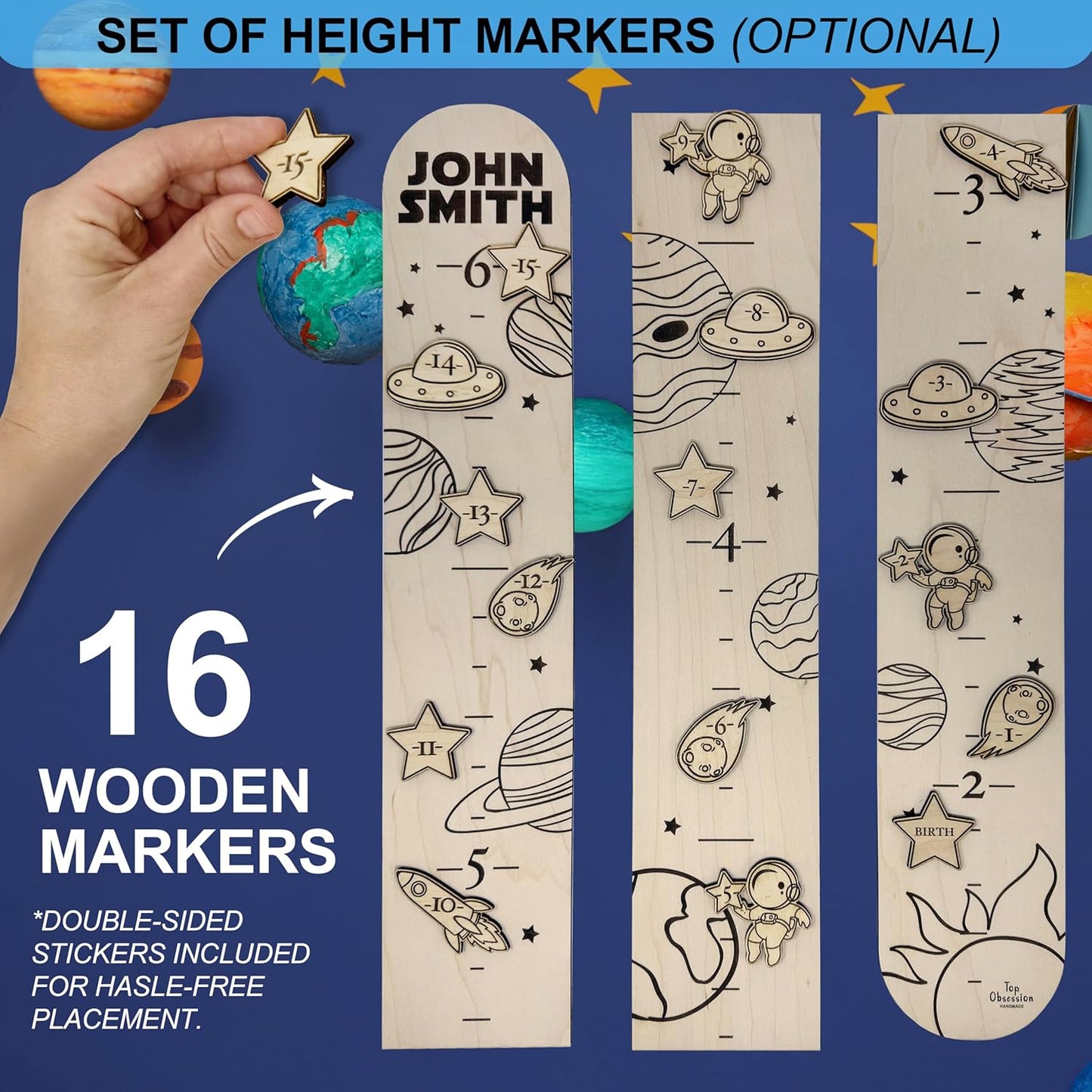 Wooden Height Chart for Wall - Personalized Boy Growth Chart, Custom Name Space Ship Theme Height Ruler Wood, Nursery Growing Wall Meter for Children, Large Baby Growth Chart Solar System, 2 Sizes