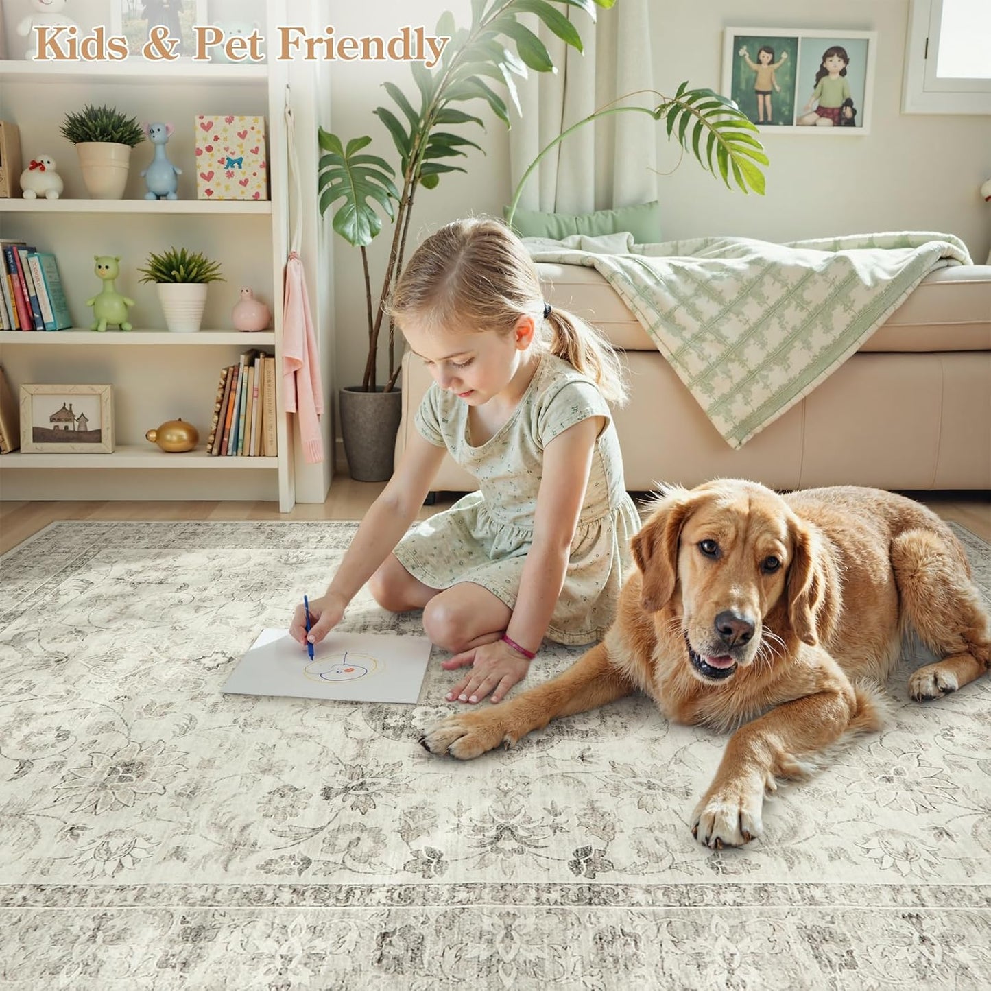 LIVEBOX Washable Area Rug 5x7 Rugs for Living Room Bedroom, Non-Slip Boho Indoor Carpet for Dining Room Office, Low-Pile Farmhouse Soft Carpets for Kids Nursery Room Playroom, Taupe