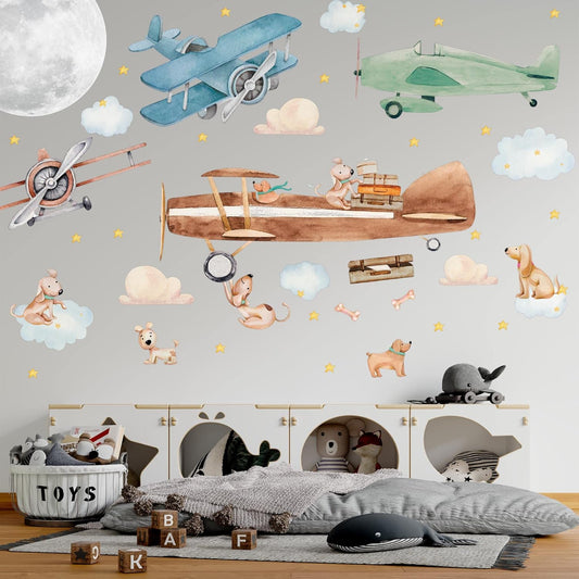 Airplane Wall Decals by Lipastick - 47-Piece Watercolor Vintage Plane Stickers for Kids, Boys Room, Baby Nursery, Toddler Bedroom Decor - Premium Vinyl Aircraft Art - XXL Size