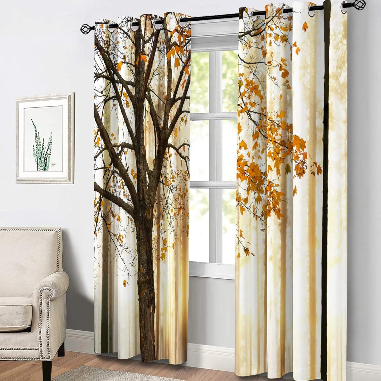 Aimego Autumn Forest Blackout Curtains Fall Yellow Orange Maple Tree Leaves Pattern Window Drapes Decor for Bedroom Living Room Grommet Top Room Darkening Curtains 2 Panel Set, 52"X63"