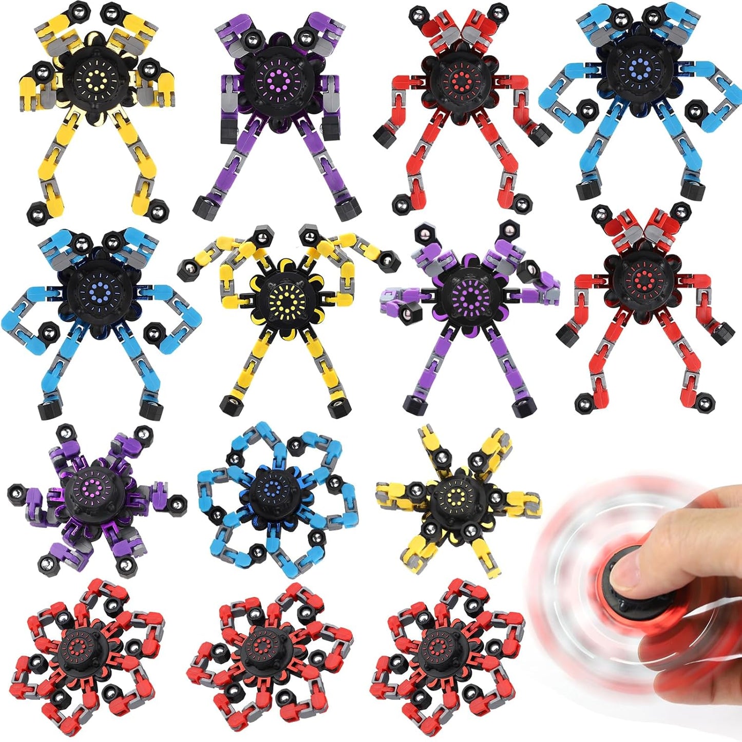 8PCS Transformable Fidget Spinner Toy for Kids Adults, Deformation Robot Chain Spinner Fingertip Gyro Toys for Boys Girls 8-12, Stress Relief Sensory Toys for Goodie Bag Fillers Kids Travel