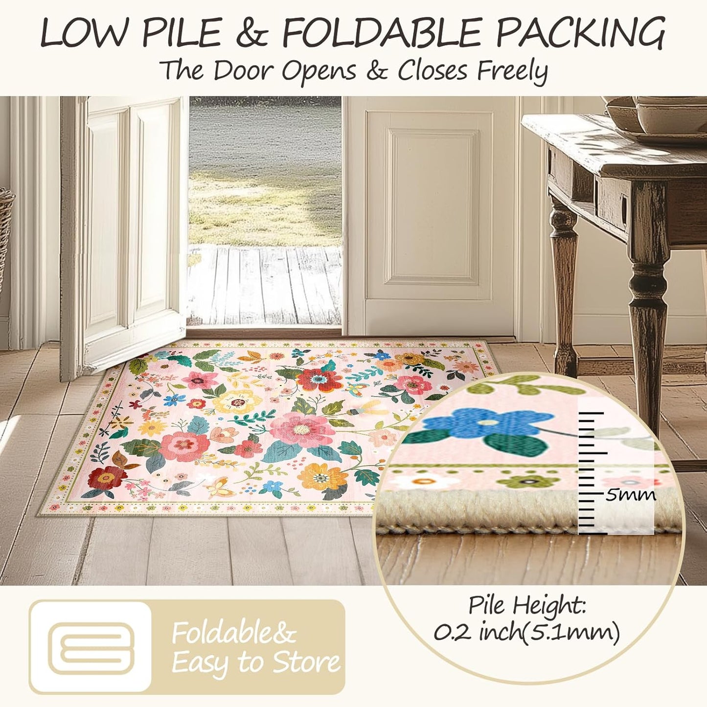 Floral 5x7 Area Rug Machine Washable Soft Print Boho Carpet Non Slip Doormat Low Pile Flower Area Rugs for Living Room Bedroom Nursery Kitchen Dining Room Indoor-Pink