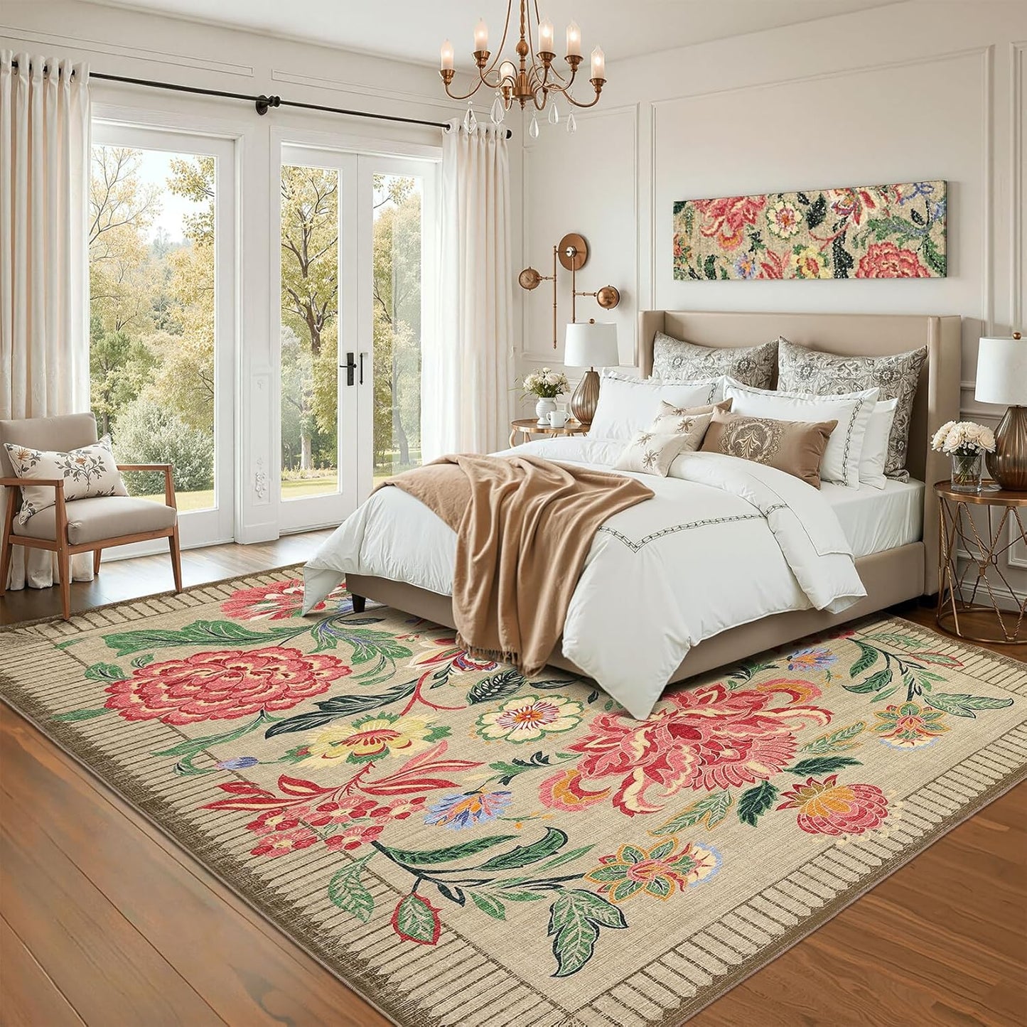 GarveeHome Floral Botanical Washable 8x10 Area Rug for Living Room Soft Camel Taupe Brown Vintage Boho Cottage Large Rugs Low Pile Carpet for Bedroom Dining Nursery Rug