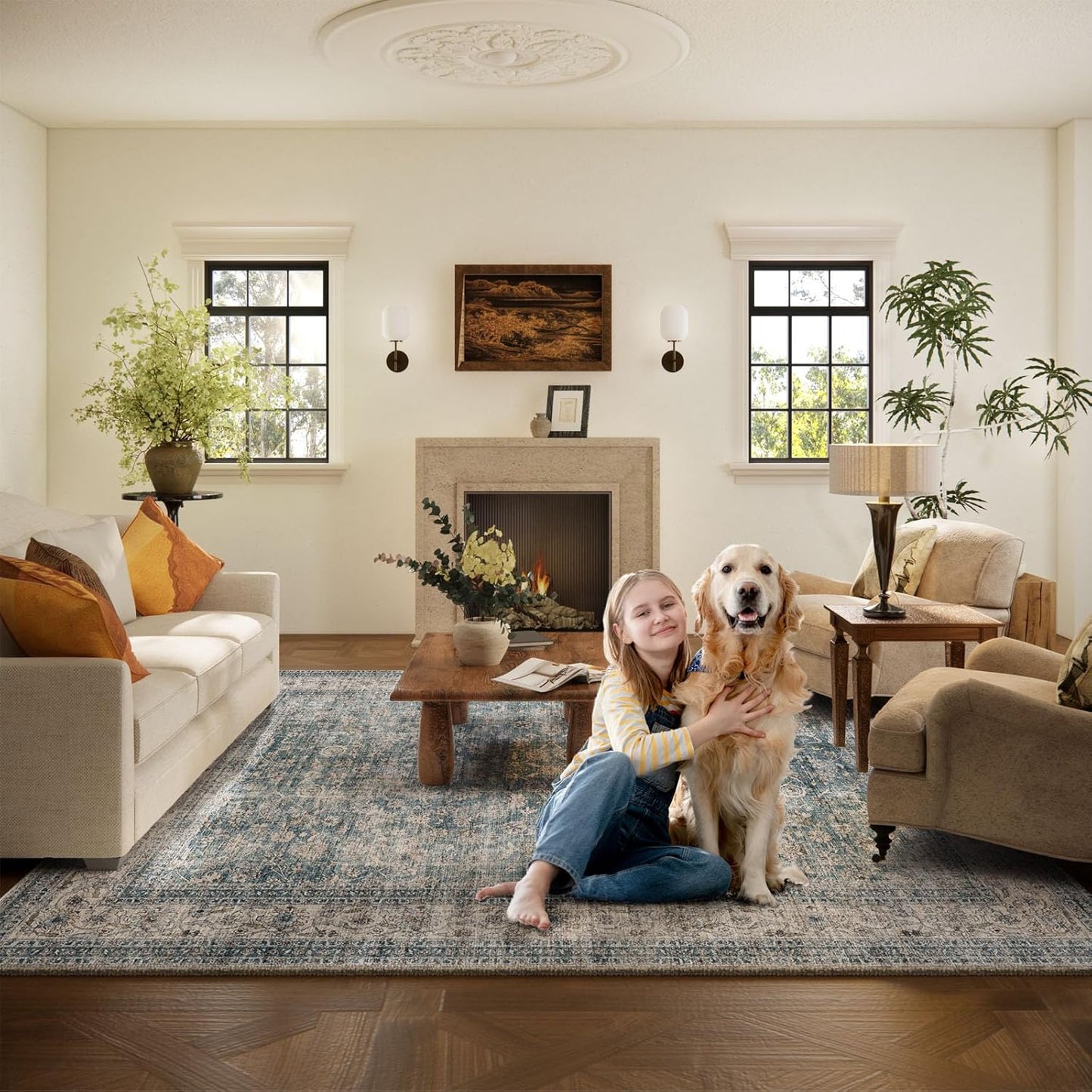 Machine Washable Living Room Rug: 5x7 Area Rugs for Bedroom Vintage Stain Resistant Non Slip Low Pile Lightweight Boho Carpet for Kitchen Dining Room Farmhouse Kids Room Nursery