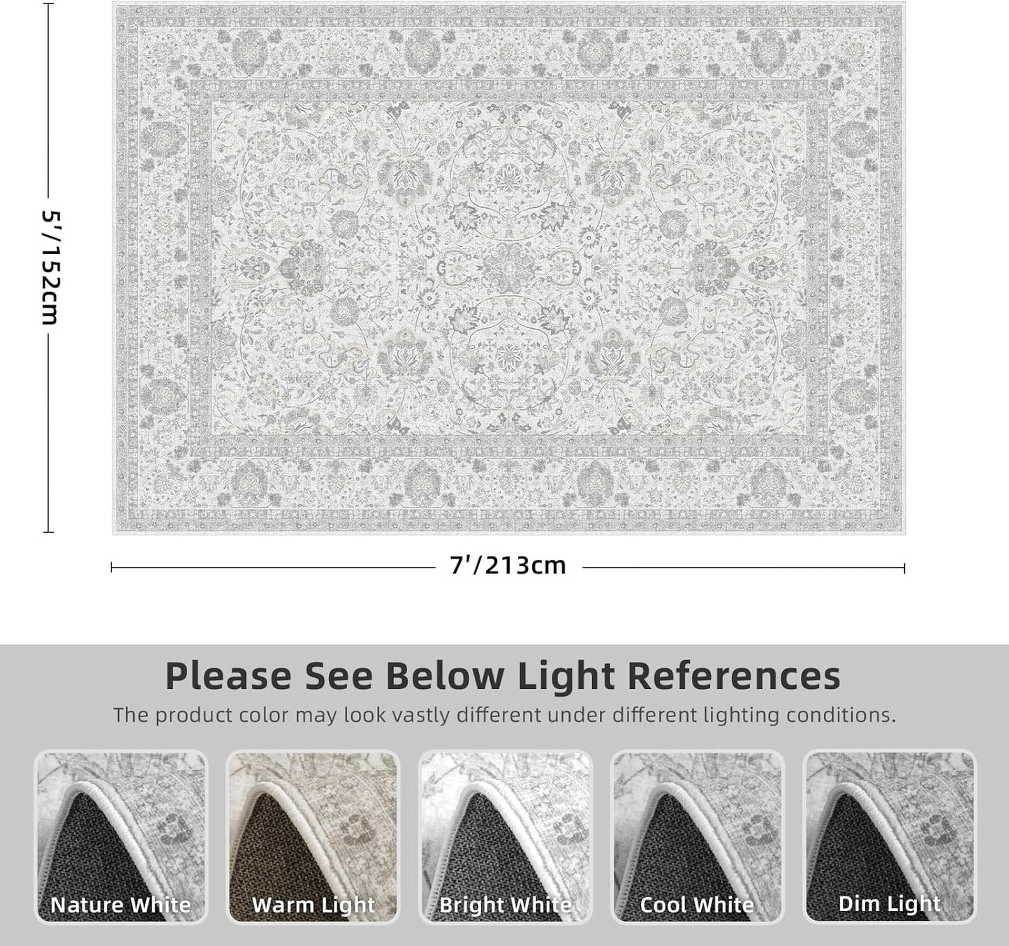 Boho Washable Area Rug Neutral Grey 5x7 Rugs for Living Room, Floral Modern Bedroom Rug Indoor Carpet for Dining Room Kids Room Playroom