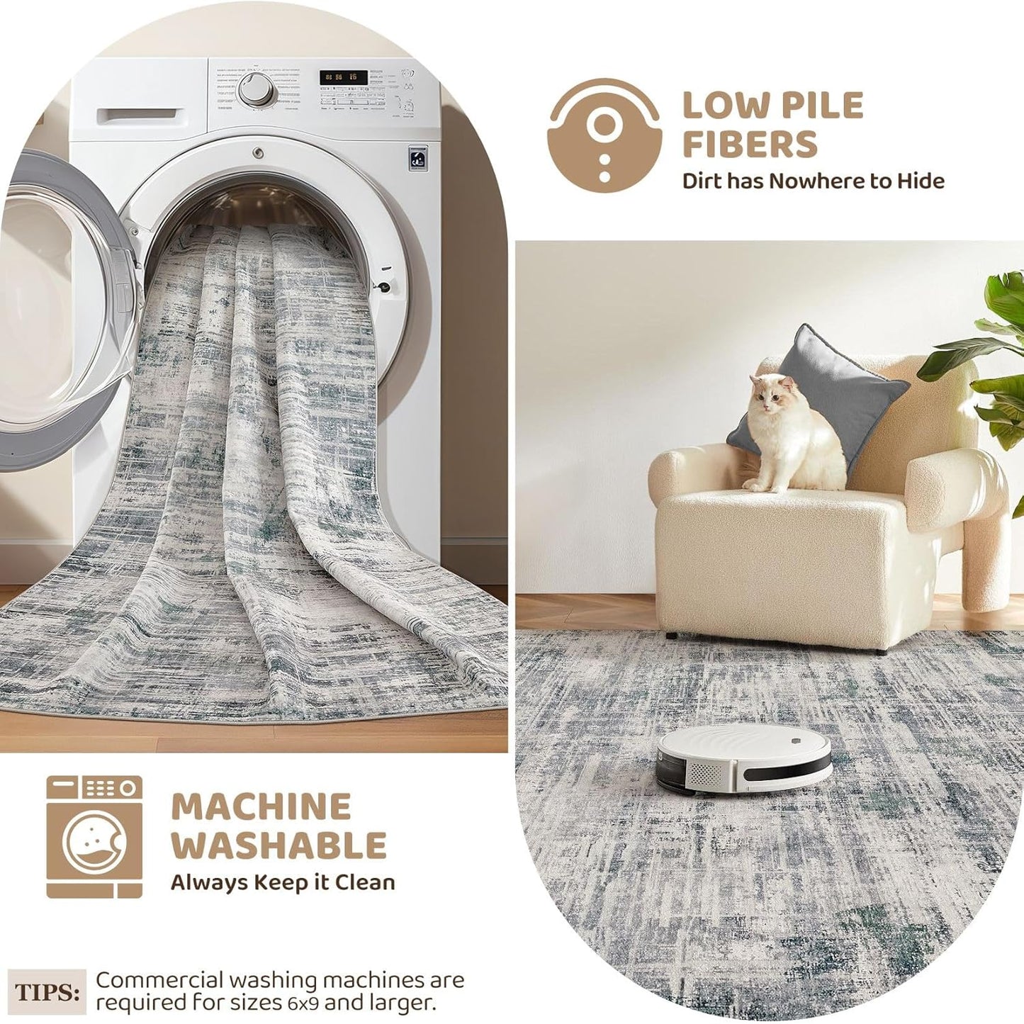 Area Rug for Living Room: 10x14 Washable Neutral Abstract Modern Soft Rugs Non Slip Indoor Floor Stain Resistant Large Carpet for Bedroom Dining Room Office Nursery - Gray