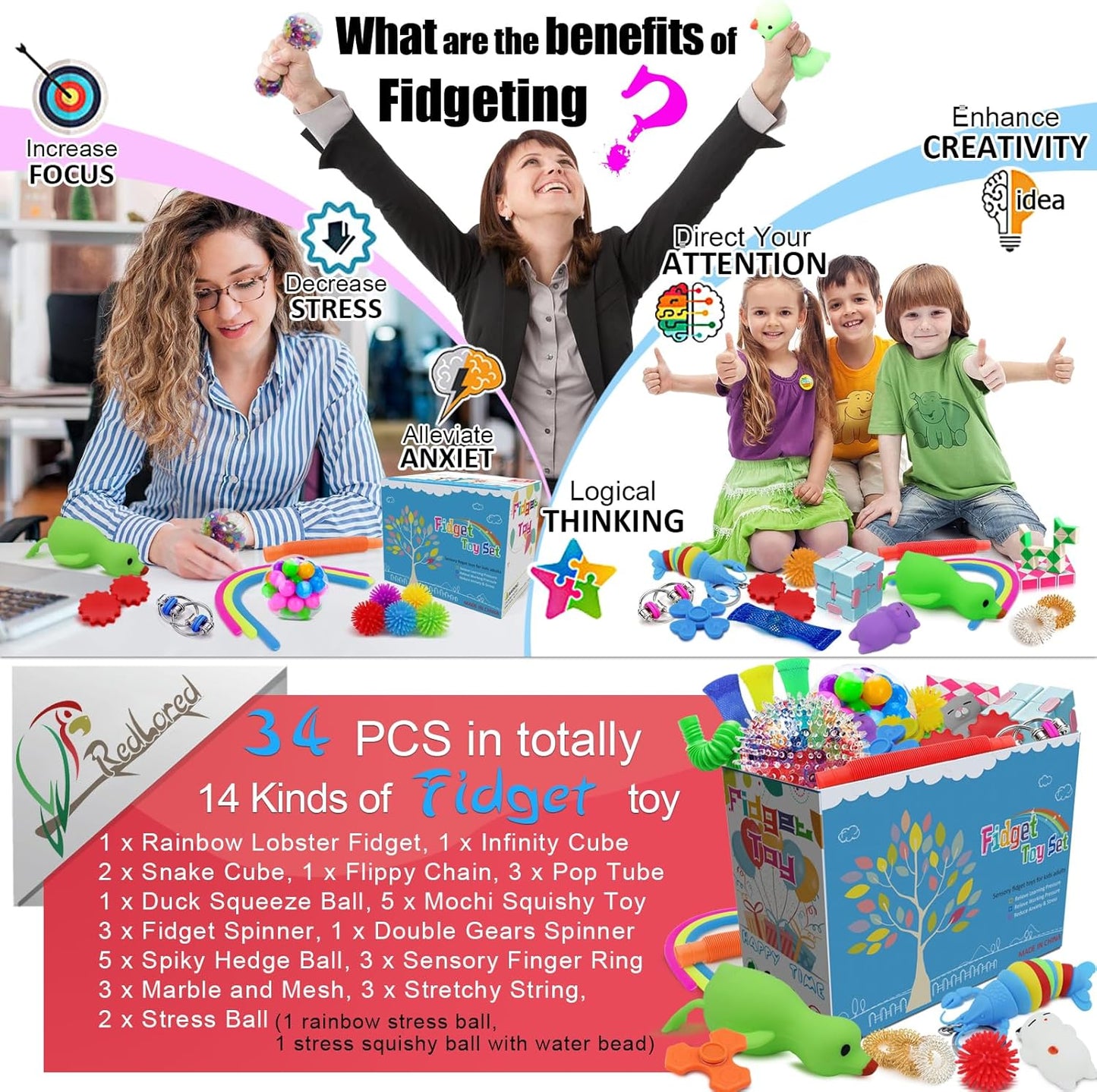 Fidget Toys Pack, 34 Pcs Stress Relief Sensory Toys for Boys Girls Kids Adults ADHD OCD Anxiety Autism, Treasure Box Toys for Classroom Rewards Prizes Carnival Prizes Birthday Party Favors