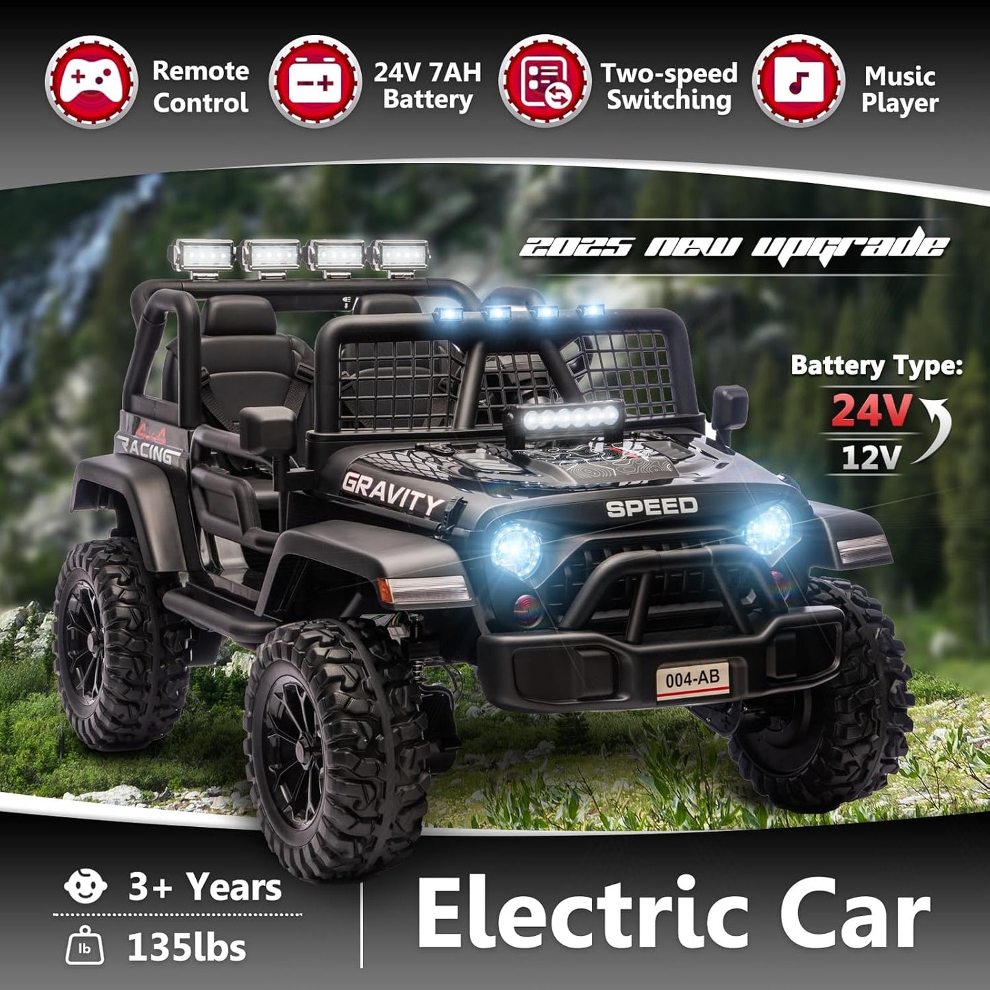 Sopbost 24V 7Ah 2 Seater Ride On Truck Ride On Toy for Big Kids Ride On Car with Remote Control Off-Road Electric Car with Shock Absorber, LED Lights, Bluetooth Music Player, EVA Tires, Black