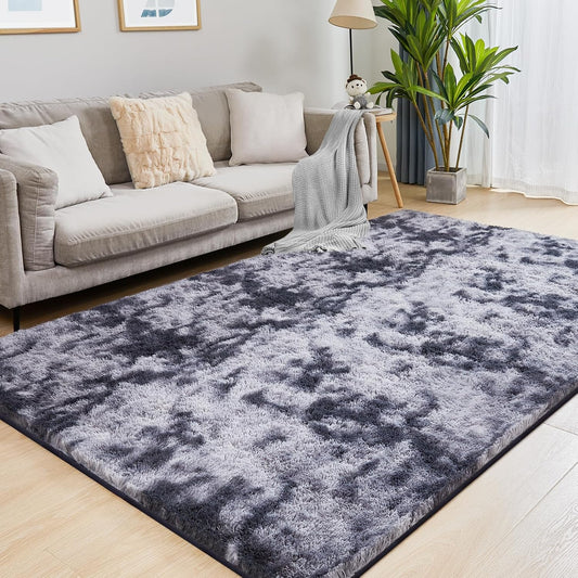 Fluffy Shag Area Rug, 3x5 Tie-Dyed Dark Grey Rugs for Bedroom, Soft Plush Area Rugs for Living Room, Non-Slip Indoor Carpet for Nursery, Study Room, Dressing Room, Home Decor