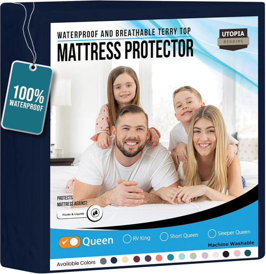 Utopia Bedding Waterproof Mattress Protector Queen Size, Premium Terry Mattress Cover 200 GSM, Breathable, Fitted Style with Stretchable Pockets (Navy Blue)