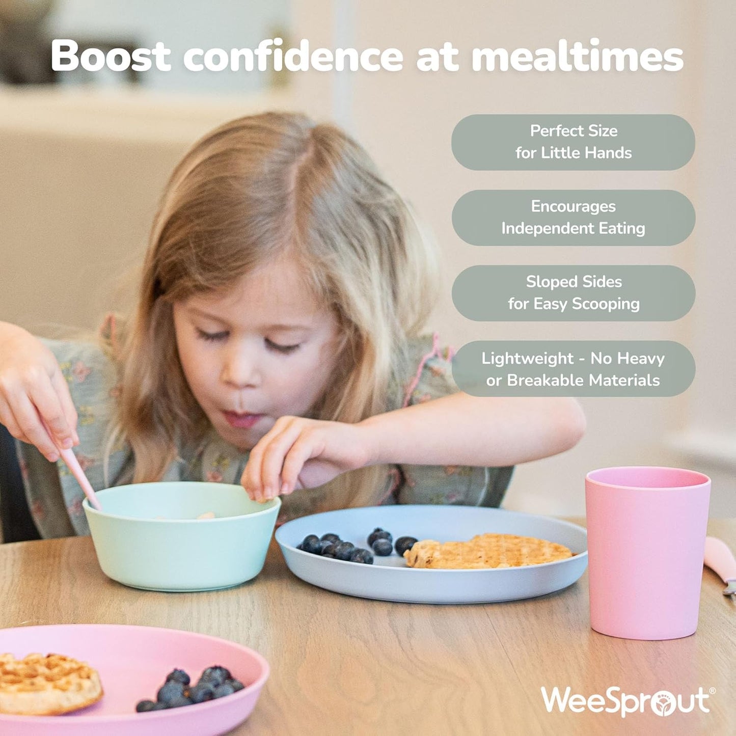 WeeSprout Bamboo Kids Bowls, Set of Four 10 oz Kid-Sized Bamboo Bowls, Dishwasher Safe Kid Bowls (Pastel Coral, Blue, Mint & Off White)