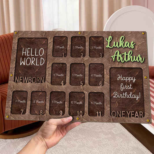 Personalized My First Year Photo Frame | 12 Months Picture Frame For Baby First Year | Displays Two 4x6 Photo and Eleven 2x3 Pictures | Birthday Party Decor Newborn Memory Keepsake, Style MP1