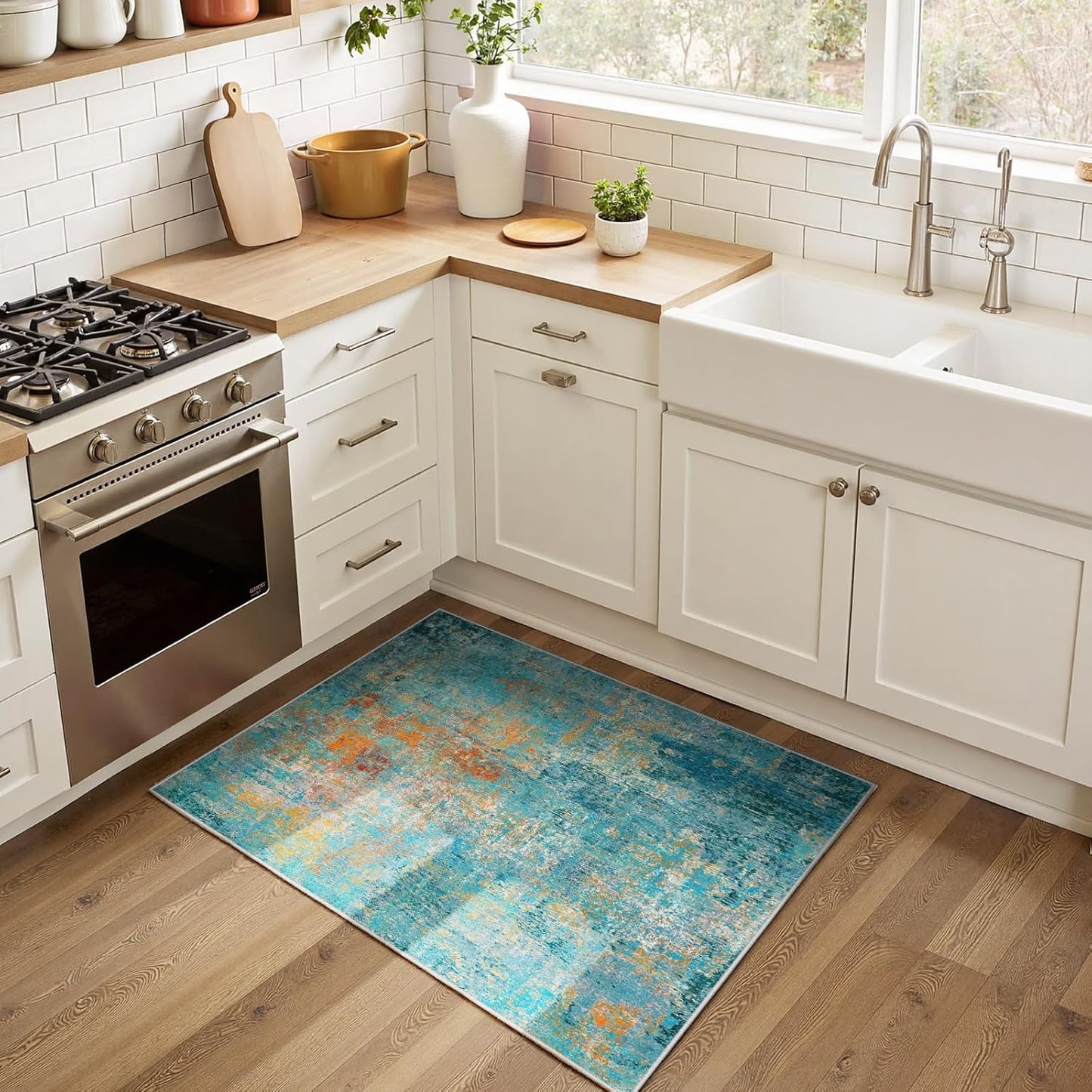 Washable Area Rugs 2'x3' Non-Slip Modern Abstract Soft for Living Room Entryway Bedroom Nursery, Print Pattern, Teal Blue Green Orange Rust Red Colorful