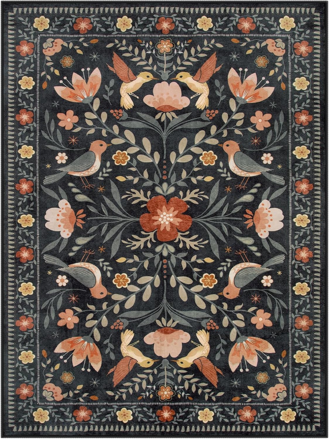 Moynesa Boho Bird Area Rug 9x12 for Living Room, Washable Rugs 9x12 Black Floral Bedroom Rug Low-Pile Soft Playroom Carpet, Jungle Pattern Vintage Rug Indoor Floor Carpet for Nursery