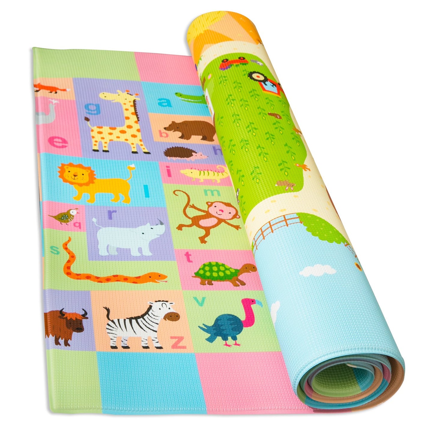 Baby Care Play Mat (Medium, Playful - Busy Farm) 73’’ x 49’’ Original One-Piece Reversible Rollable Waterproof Play Mat for Infants, Babies, Toddler, and Kids