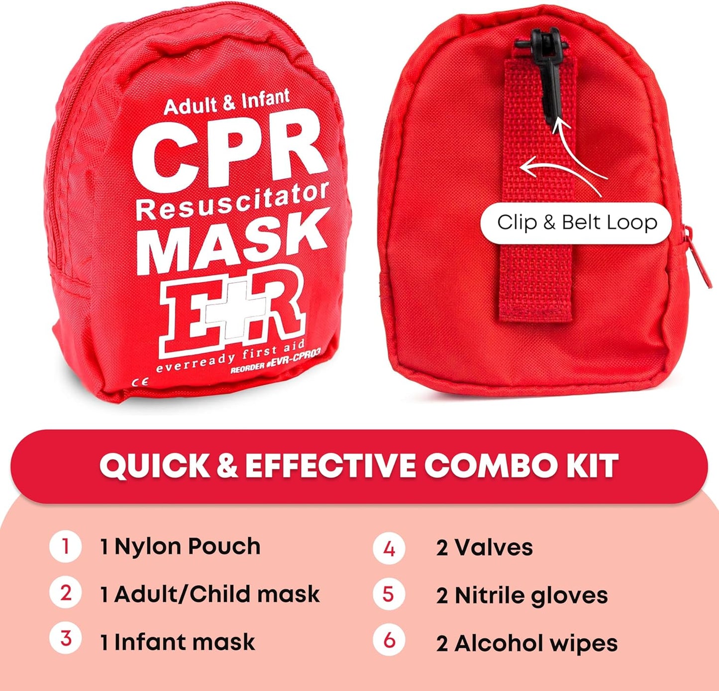 Ever Ready First Aid Adult and Infant CPR Mask Combo Kit with 2 Valves with Pair of Vinyl Gloves & 2 Alcohol Prep Pads - Red (2)