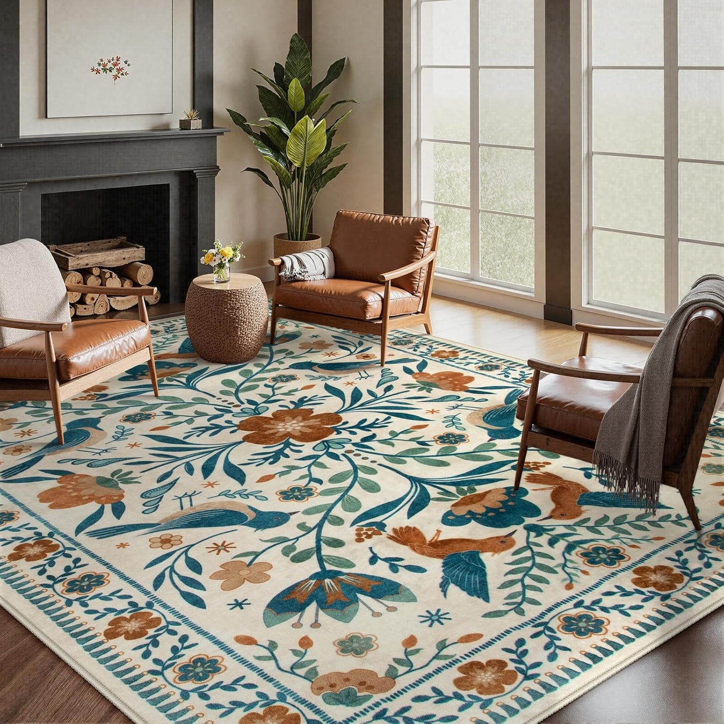 Moynesa Boho Bird Area Rugs 8x10 Rugs for Living Room, Low-Pile Soft Jungle Floral Bedroom Rug Washable Rugs 8x10, Beige Rug Indoor Floor Carpet for Nursery Playroom Dining Room