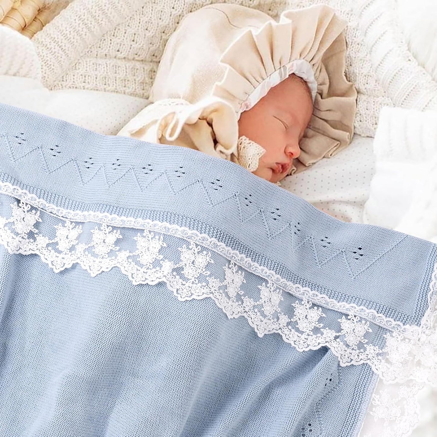 Booulfi Baby Blankets Neutral Knitted Blue Cotton Blue Baby Blanket Stroller Lace Border Crochet Winter Crib Baby Blanket New Baby Essentials
